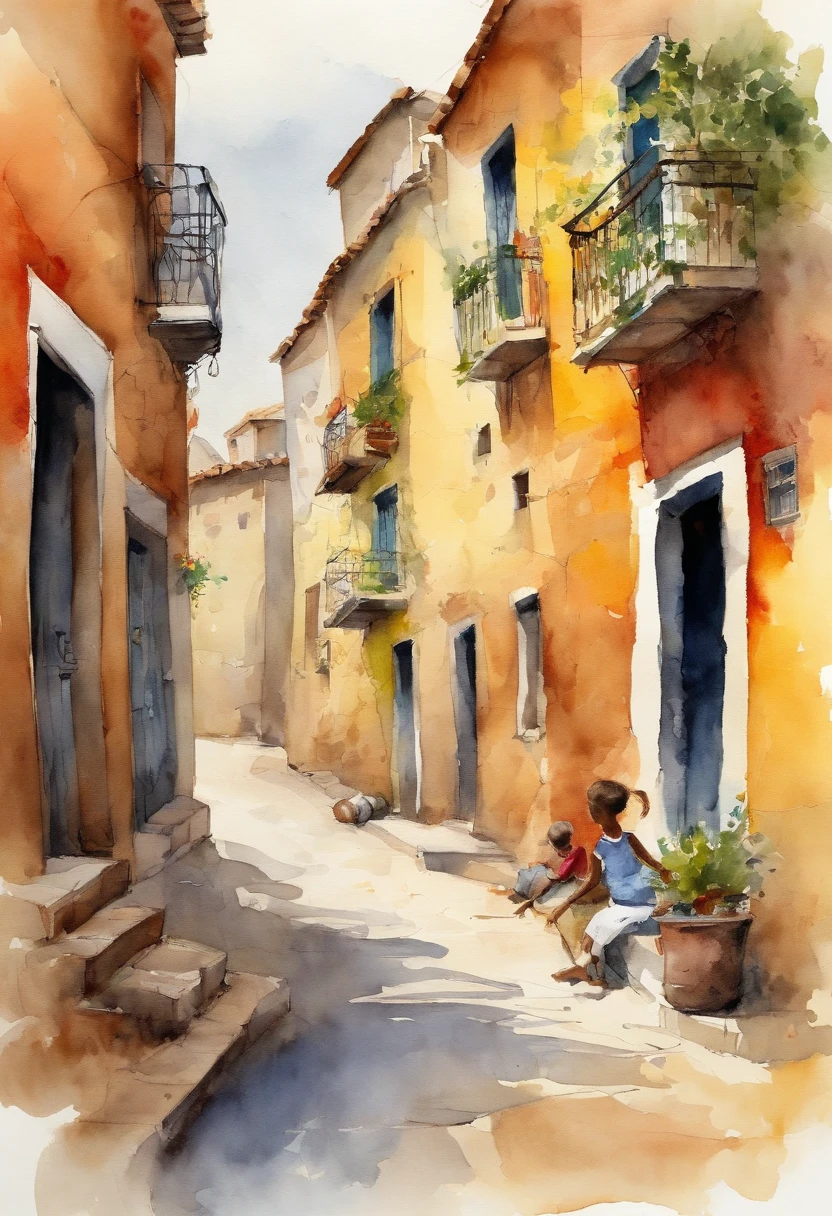 drawing children playing narrow street