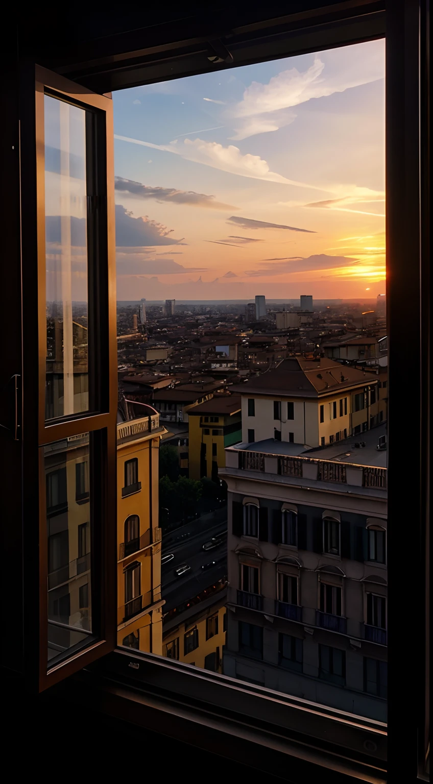 shoted by an iphone 14 pro camera, window view of sunset of the milan, italia