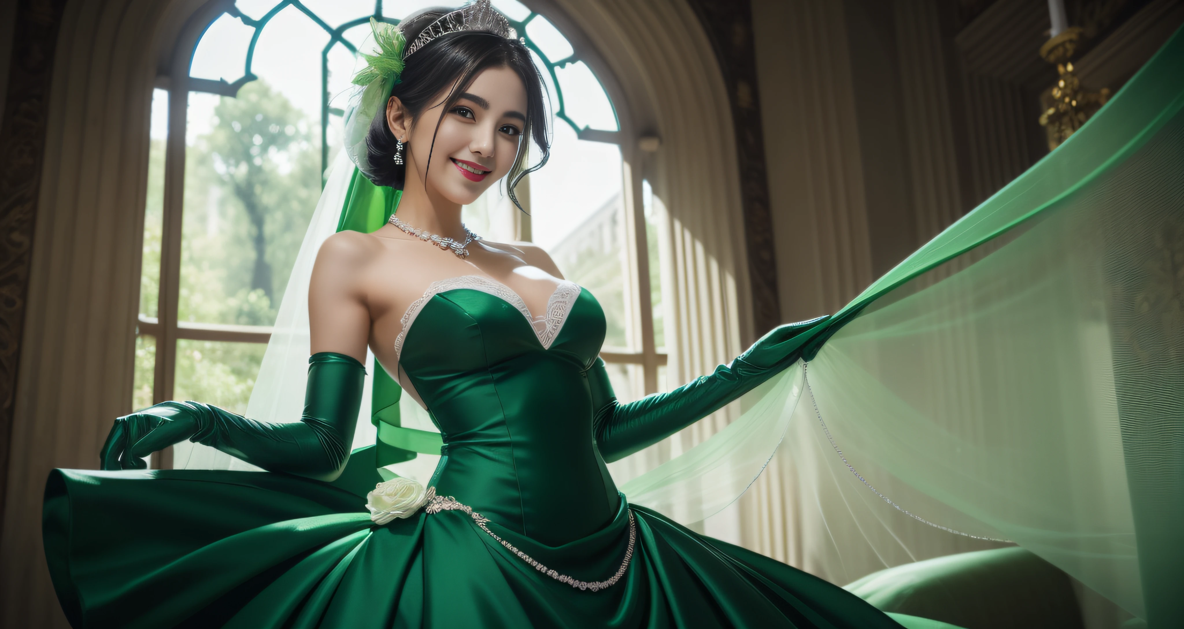 studio lights、depth of fields、The upper part of the body、A slender、cute face、A smile、Beautiful detail eyes、Green Dress Flower Cleanser,Sense of atmosphere, best qualtiy,tmasterpiece,1girll,30-years old,Green dress,Daytime Church,full body Esbian, Green gloves,With short black hair,,big breasts beautiful,looking at viewert,ssmile,Green Bridal Veil,Green Long Grove,Satin green long gloves, lipsticks, Pearl Necklace、Green gloves, emerald tiara, A Japanese Lady
