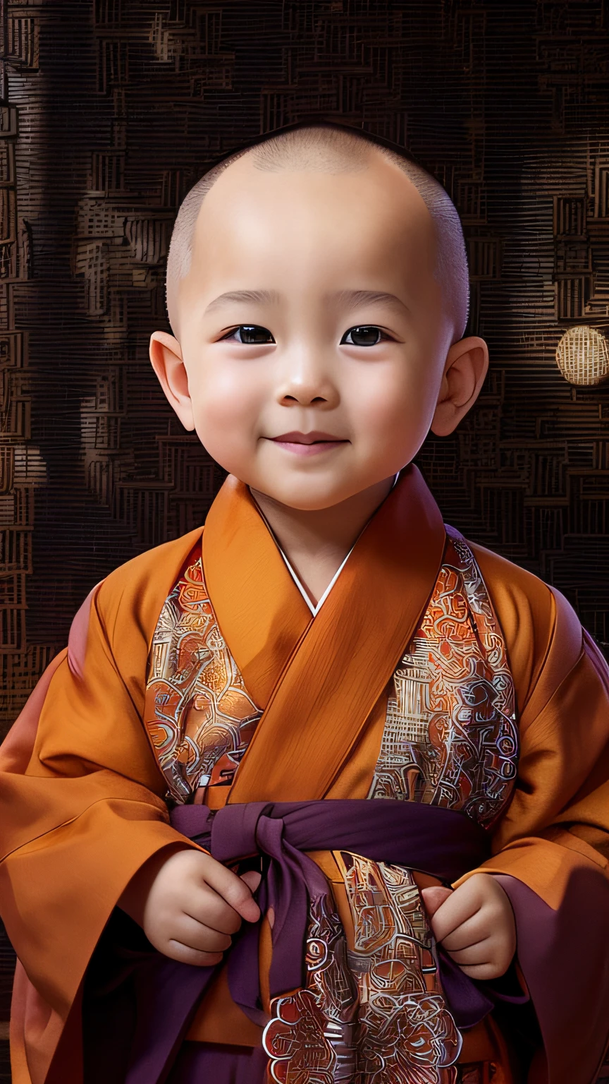 Close-up of a bald child in a robe, lovely digital painting, monk clothes, ancient japanese monk, high quality portrait, buddhist monk, portrait of monk, Buddhist, monk, wearing brown robes, Portrait shooting, cute portrait, 2 1 st century monk, dressed in simple robes, Cute boy, Innocent smile, Chinese traditional, Yan, wearing a long flowing robe
