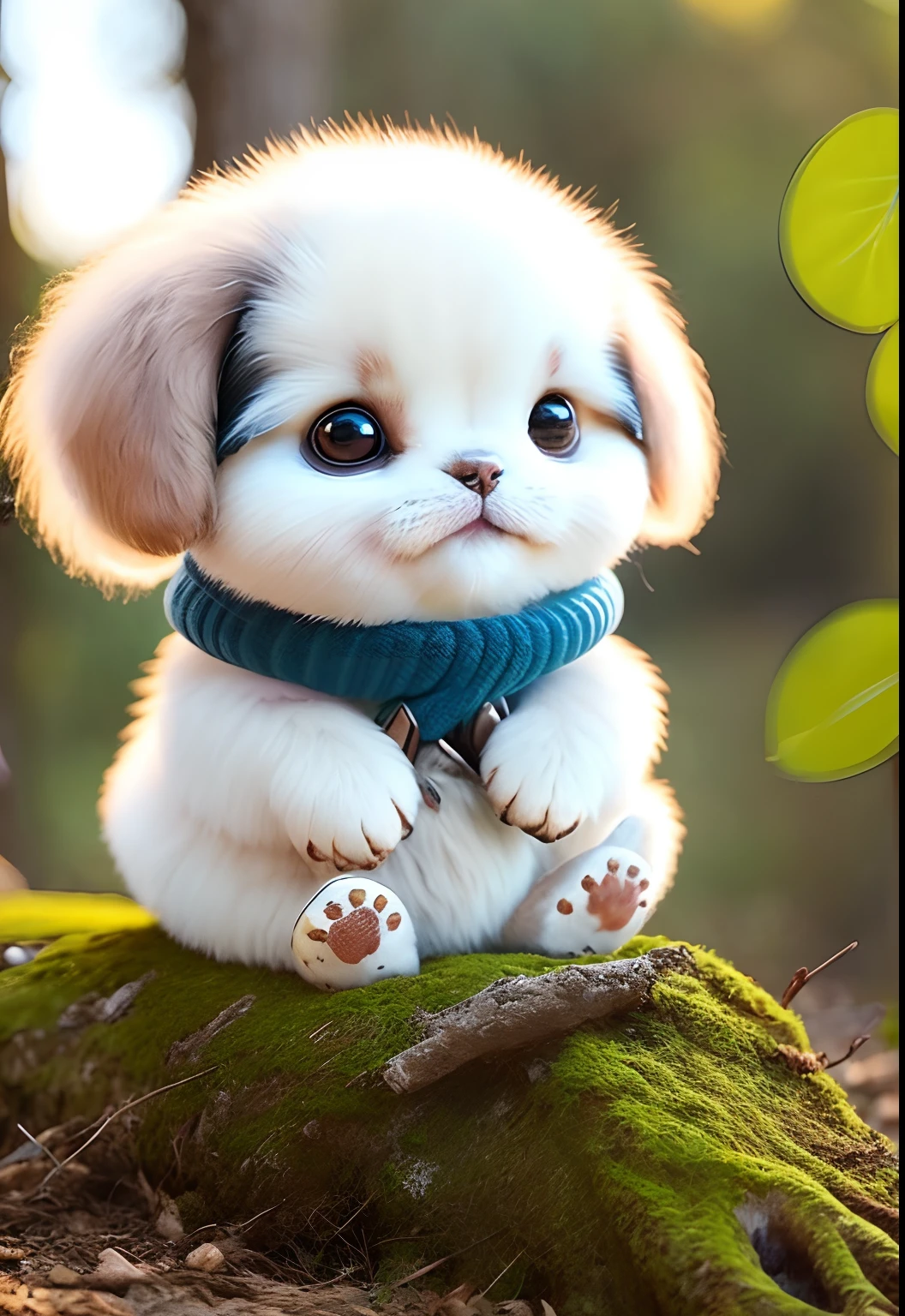 Fluffy dog sitting near the roots of a tree in the middle of a mountain、cute little