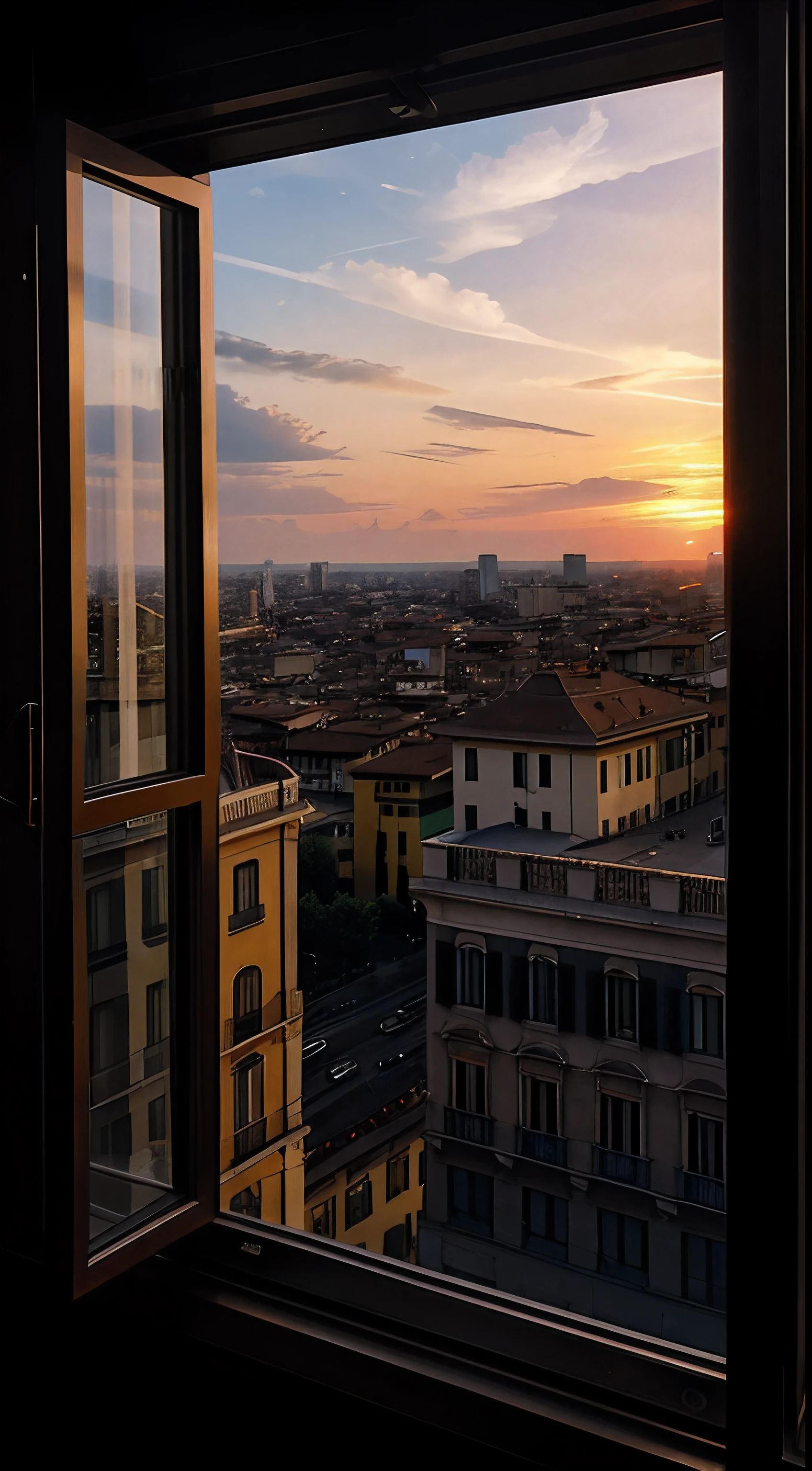 shoted by an iphone 14 pro camera, window view of sunset of the milan, italia