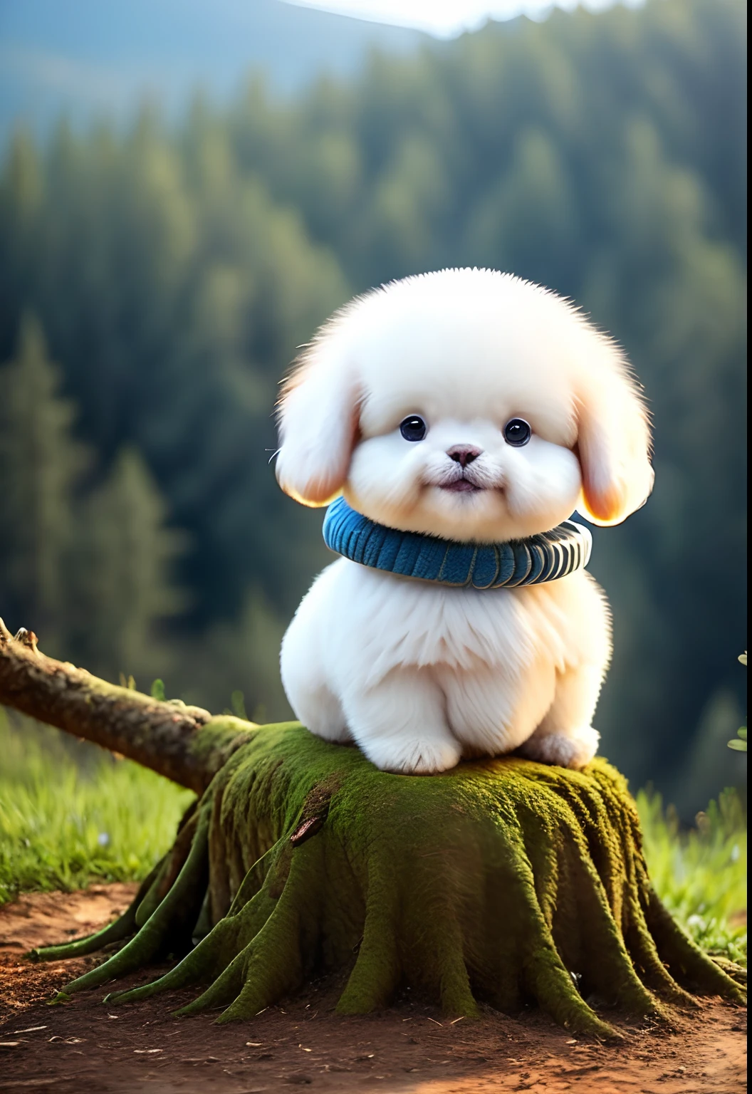 Fluffy dog sitting near the roots of a tree in the middle of a mountain、cute little