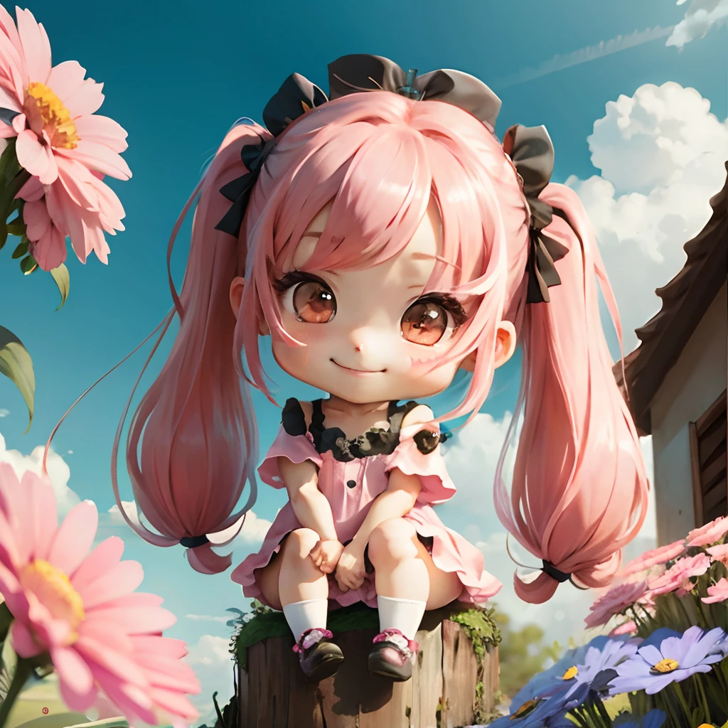 Cute chibi anime sitting on flowers, long pink hair with twin tails、Wear a blue mini dress, Smiling, Logo is cheap