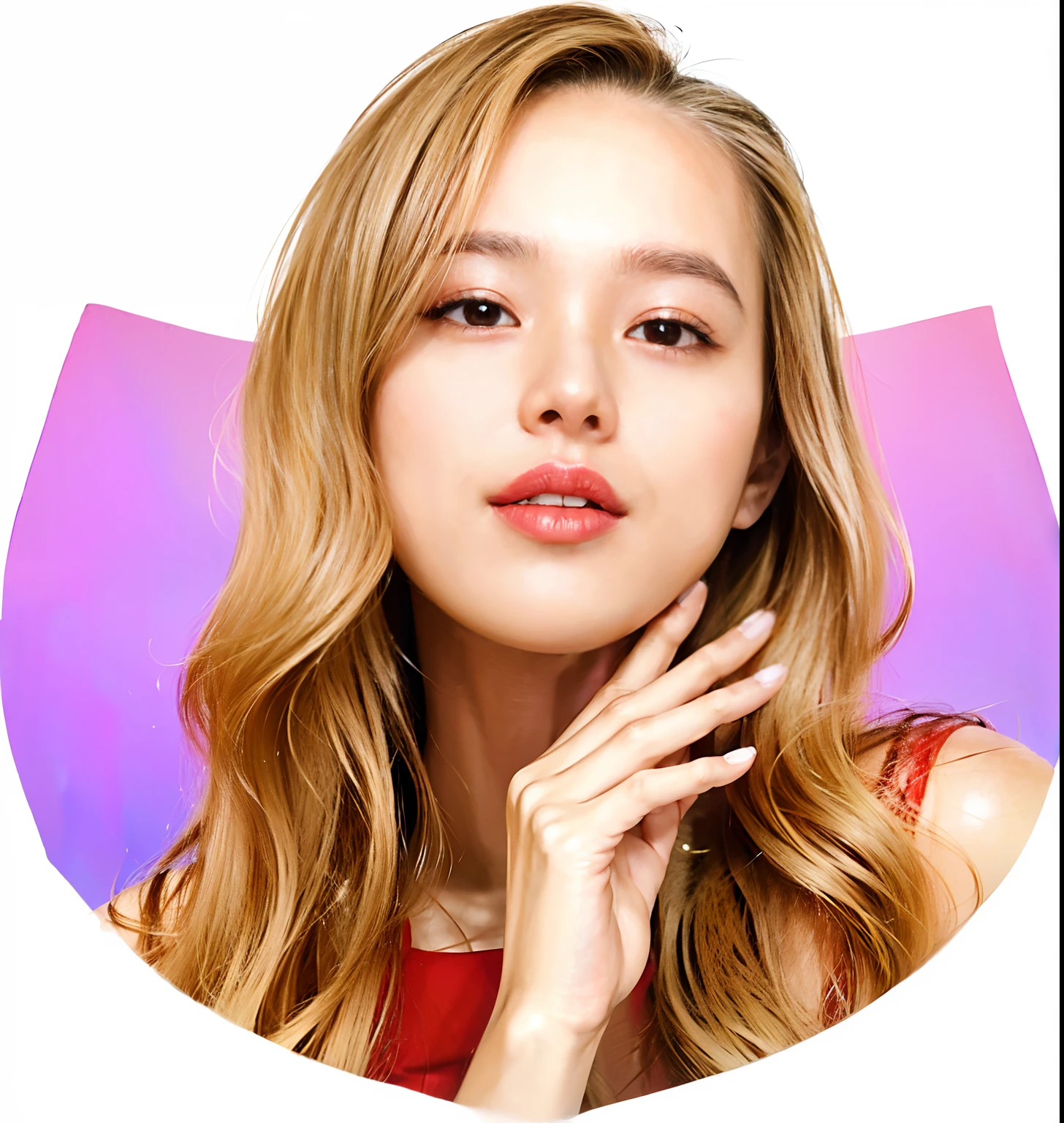 A woman with long blonde hair and red lipstick poses for a photo, light-red lips, Sexy lips :5 stylish, Round chin, thick and red lips, Red lips, with round face, The lips are wide and parted, Big red lips, small and thick red lips, round shaped face, perfect face model, Beautiful oval face, vibrent red lipstick, advertisement picture