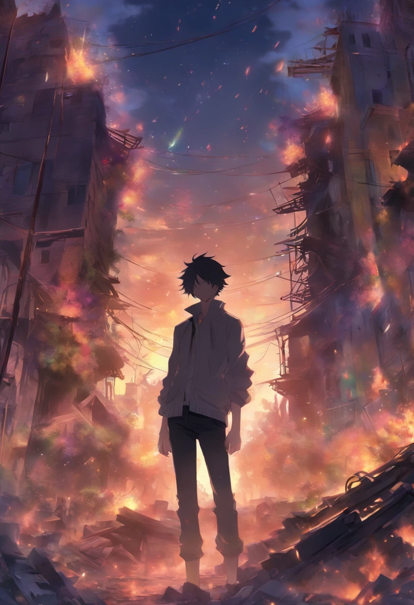 /Imagine Prompt: Slender young man standing in ruins, Although wearing tattered clothes、Looks calm and calm, Surrounded by rubble and broken buildings, Exudes a sense of devastation, ,32K, Best Quality, masutepiece, Super Detail, high details, by makoto shinkai ,In the style of star art group Xing, ●Rainbow No. 5"