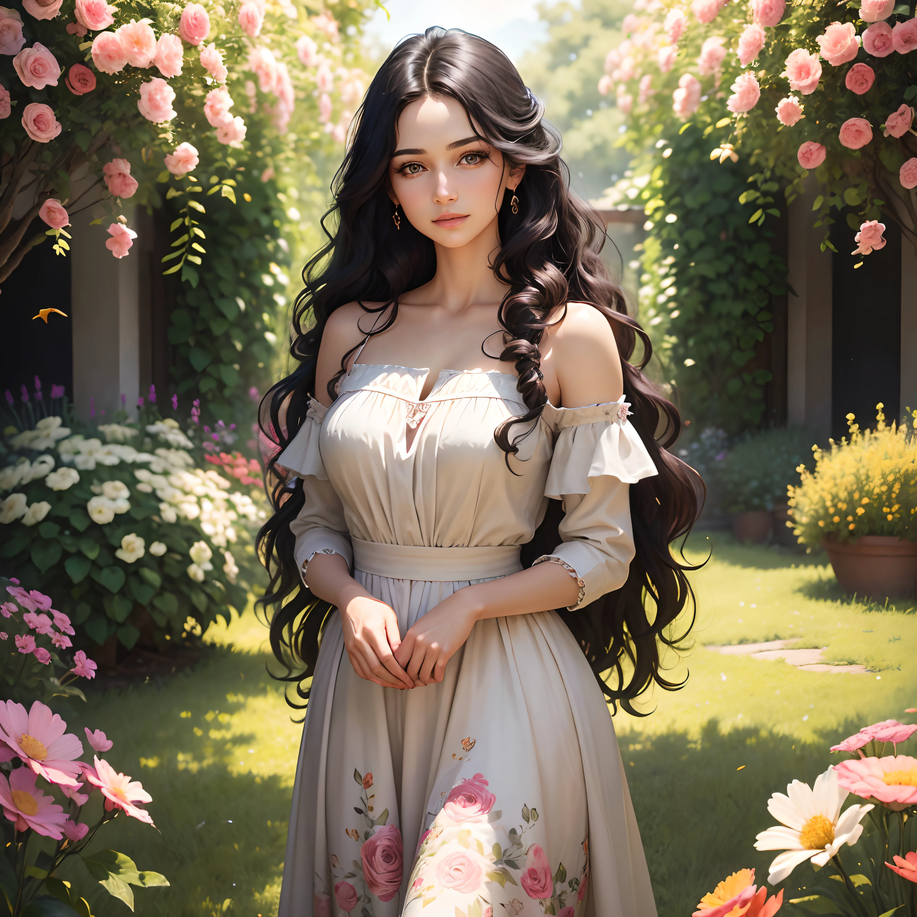 (best quality,highres:1.2),(realistic:1.37),(vivid colors),portraits,photography,(concept artists),(beautiful detailed eyes:1.1),(beautiful detailed lips:1.1),(extremely detailed eyes and face:1.1),(long eyelashes),(medium:1.1),curly black hair,wavy hair,body language expressing confidence,posing with hands on hips,standing in a blooming garden,soft sunlight illuminating the scene,colorful flowers in the background,tall grass gently swaying in the breeze,feminine floral dress,matching accessories enhancing the overall aesthetic,innocent and cheerful expression,engaging eye contact with the viewer.