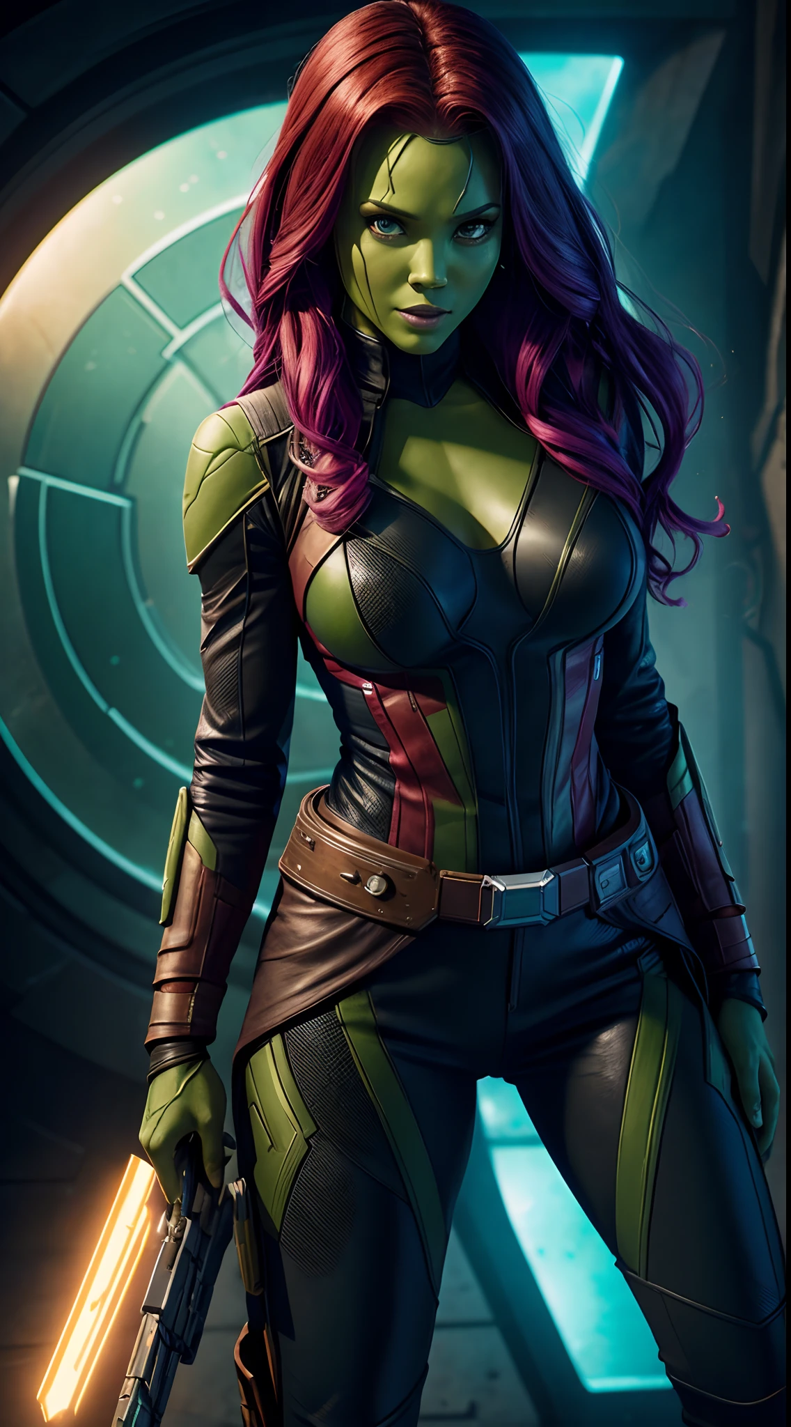 (((COMIC STYLE, CARTOON ART))). ((1 girl)), lonly, solo, ((A comic-style image)) of Gamora, with her as the central figure. She is standing, with her hands holding a sword. She wears a black and purple costume, ((pink anda purple hair)). She has long, straight black hair, (((Hot body, sexy, sensual, camel toes))), ((green skin)) eyes and red lips. She is surrounded by an alien planet, with mountains, rivers and vegetation. She has a determined and confident expression, as if she is ready to fight evil.