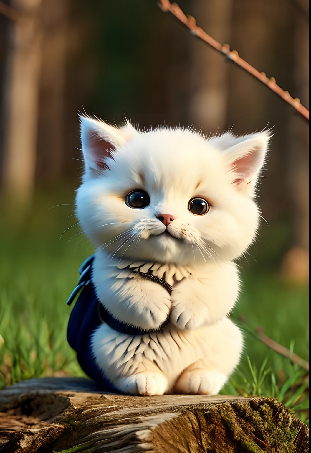 Fluffy cat sitting near the roots of a tree in the middle of the mountain, cute
