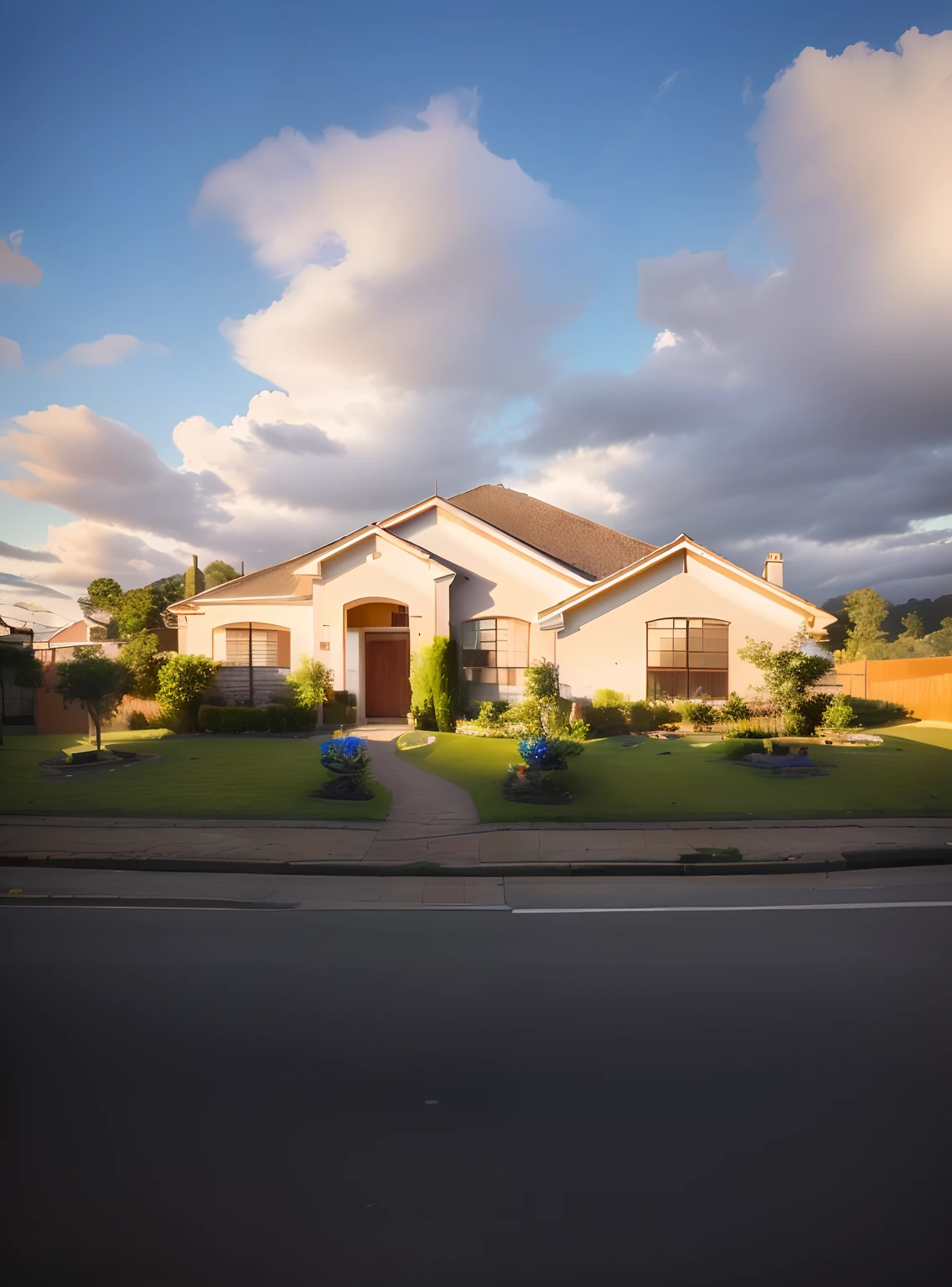 There is a large house that is on the corner of the street, casa suburbana, foto frontal, Foto de um altamente detalhado, foto tirada, 1 6 9 5, 1647, residencial, Very detailed!, foto - shot, tijolo, excelente detalhe, 1 7 8 0, peaceful suburban scene, real estate photography, gramado, fotografia exterior, 1683