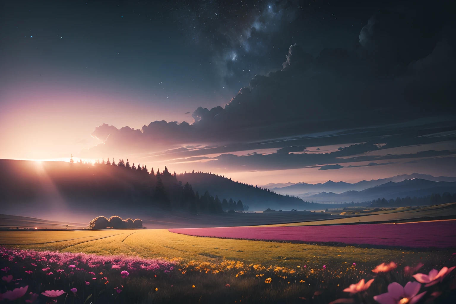 Landscape only. A gigantic battle in the sky day fights with night. Day equals night. Equinox. super realistic. atmospheric. Blurred flower field background. Light haze.