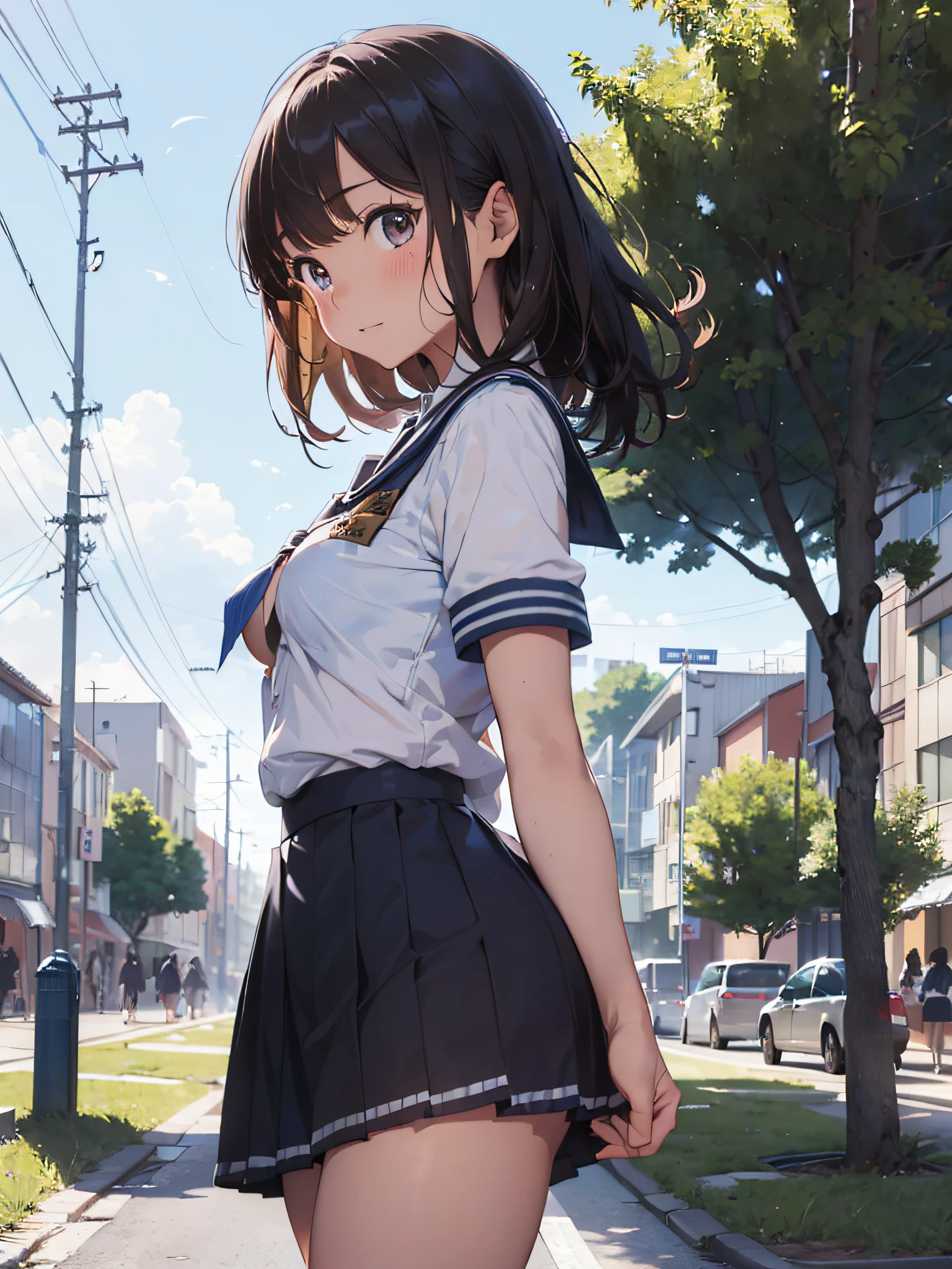 (masterpiece:2.0), (top-quality:2.0), (Ultra mini skirt extremely short length school girl uniform:1.5), (view from the side:1.5), (sexypose:1.5), (blushed face:1.3), (barechested:1.3), (Spilling boobs:1.4), (realistic:1.5), 1 , precise small hands, Embarrassed look, light smile, extremely cute girl, s, Shining eyes, small breast, cleavage of the breast is visible, The buttocks is visible, The crotch is visible, No pubic hair, The beautiful skin, ultra-definition, Top resolution, japan high school student, brown hair, in the park