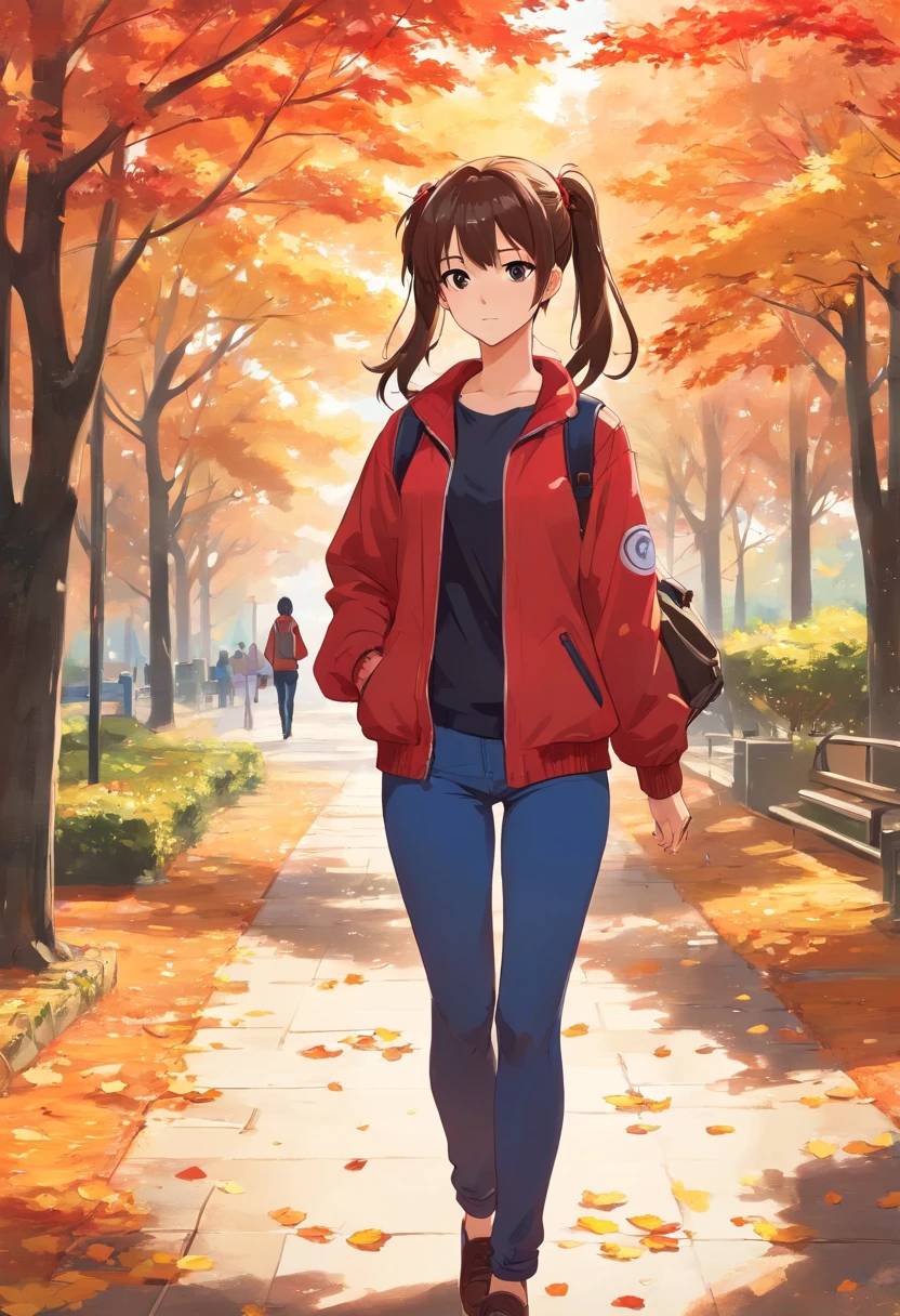 Girl walking in the park on an autumn day, hairstyle, two ponytails on the head and long bangs, hair color, black ,Eyes, Red, White Skin Skin, light yellow jacket, Long pants black red t-shirt, beauties black white height 195 breast size 1