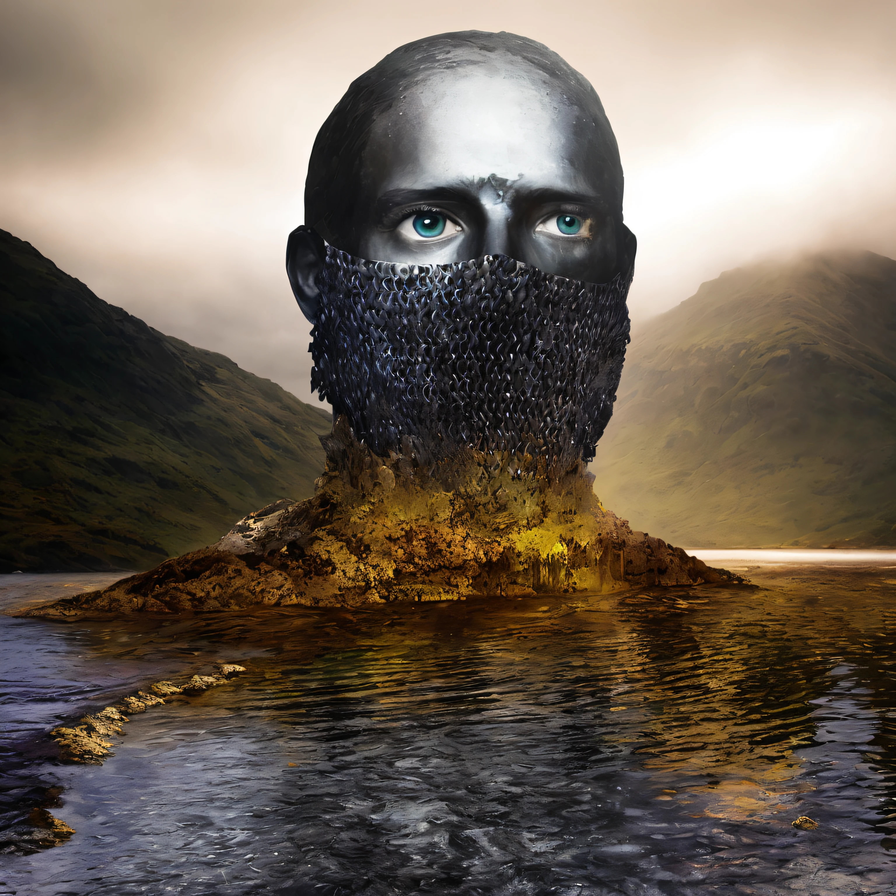 There is a man with a mask on his face in the water, Neosurrealismo. Arte Digital, Arte Digital surreal, Arte digital surrealista, dystopian digital art, retrato surreal, inspirado em Igor Morski, pintura fosca da mente humana, inspired by Thórarinn B. Thorlaksson, epic mysterious surrealism, Retrato humanoide, retrato do surrealismo