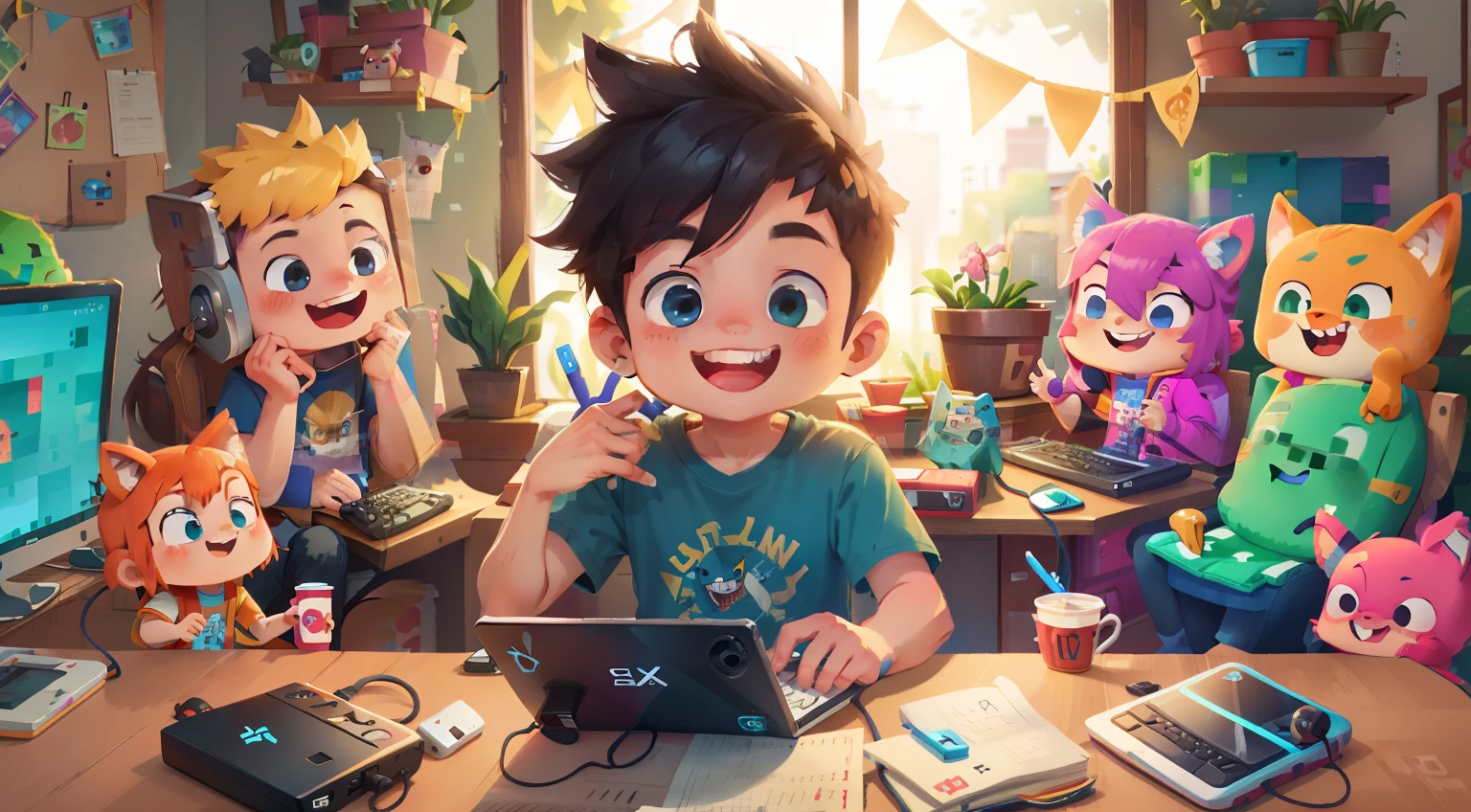 garoto gamer sorrindo, perfect hands, teclado rgb, computador gamer, fone de ouvido, foto de perfil, jogando minecraft, live stream, Menino cabelos longos 9 anos, jogando game feliz