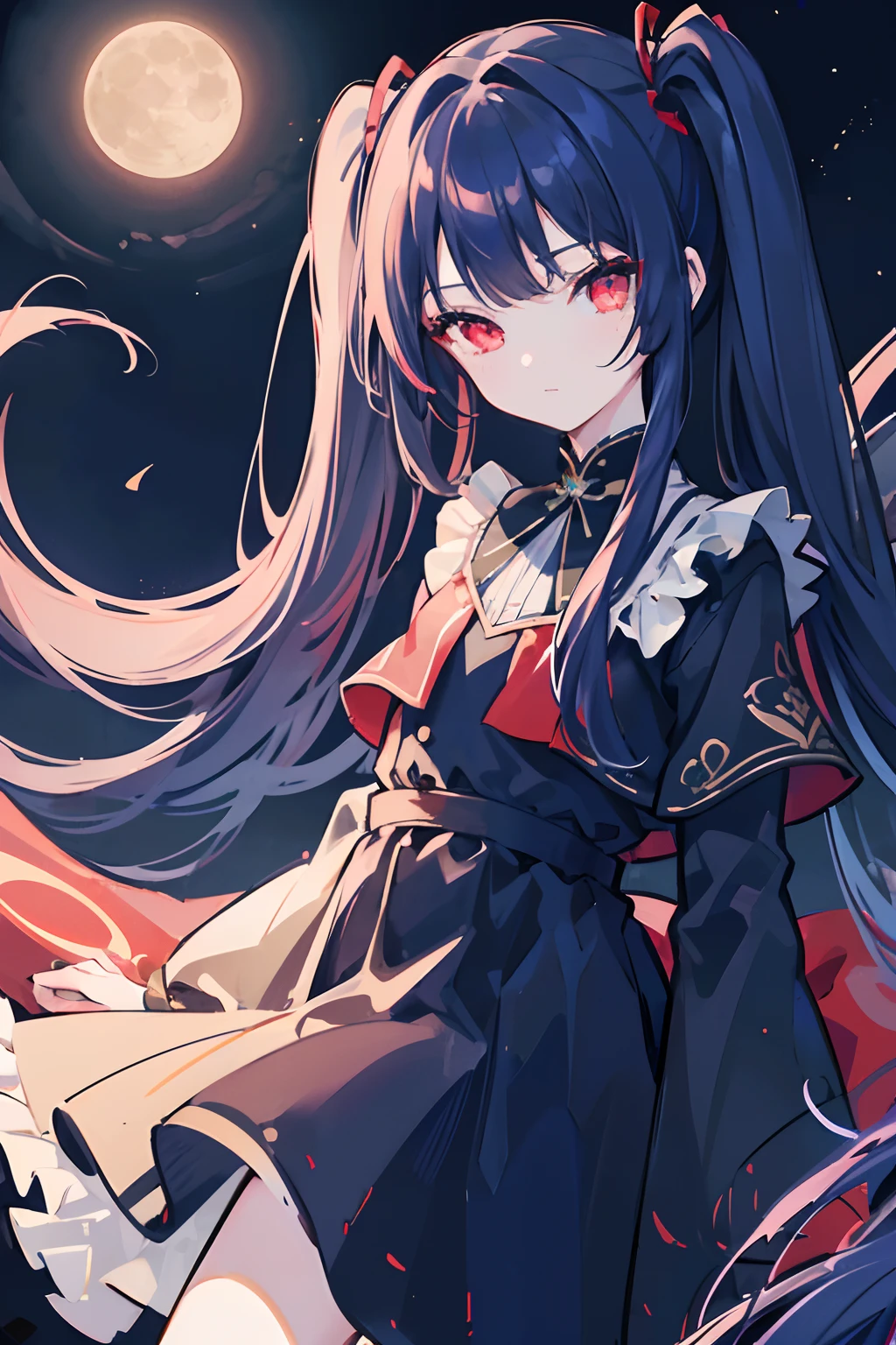 1girl, masterpiece, young girl, high quality, ((dark blue hair)), ((straight hair)), (twintail), ((long hair)), (red eyes), ((deatil face)), in the night, night sky, with the moon, full moon, with the stars, dark, small smiling, (wearing a black long dress), long sleeves, frilled