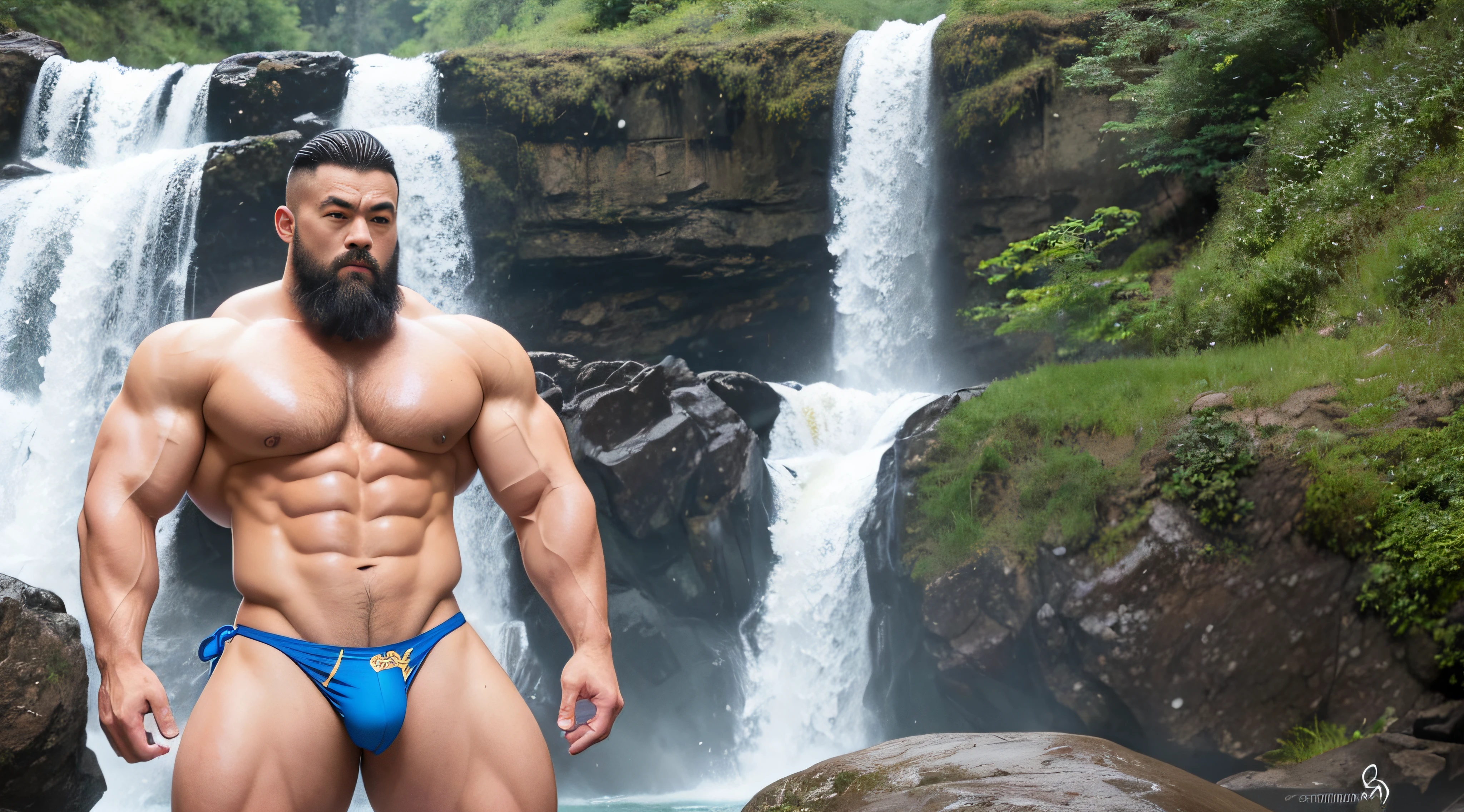 A Chinese bodybuilder,short detailed hair, Wear bright gold thong panties,Stand under the waterfall, Short beard perfect figure with tattoos, Very huge and strong body, Bulging muscles, musculous, Very large pectoral muscles,Very sexy abs,The legs are muscular,Exposed Body,Tall and burly,Huge genital bulging area,Brightens oily skin,Muscular。