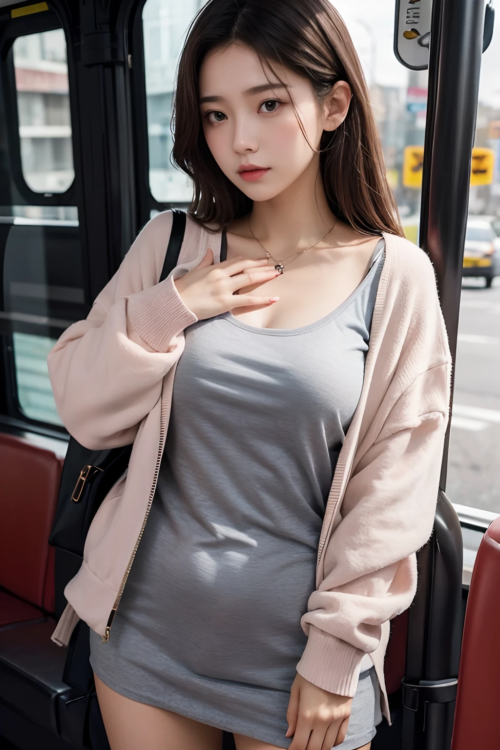 The girl covered her chest with her hands, Strategically cover the chest,medium boob,Cover your chest with your fingers,Few clothes,in a bus