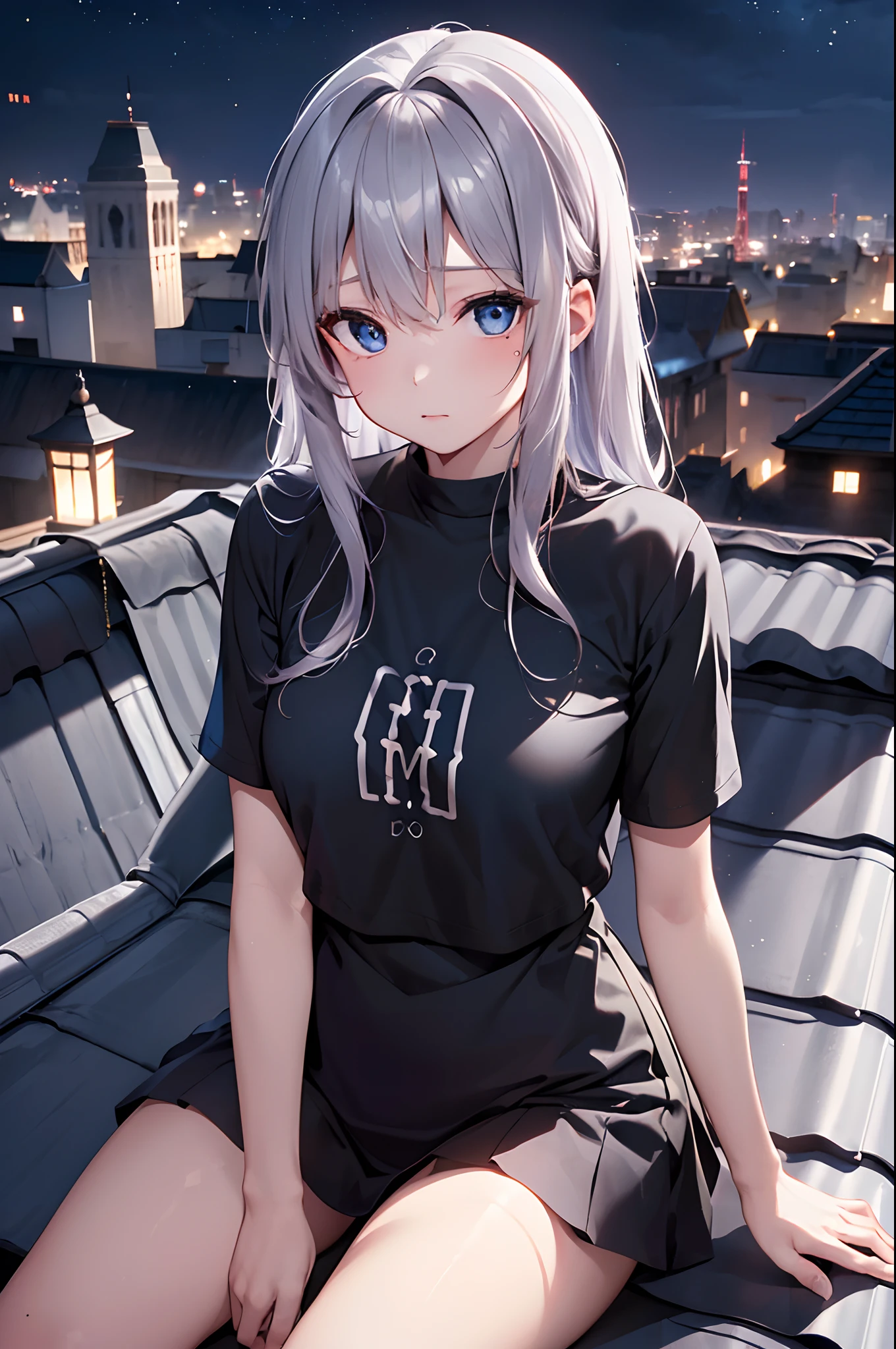 Girl with a nasty appearance:1.3)、(Night:1.5)、(and chest:1.4)、Raw photography, top-quality, hight resolution, (masterpiece), (Photorealsitic:1.4), (Mole under the eyes),Anime Cosplay, foco nítido, nffsw, 8K分辨率, intricate detailes, depth of fields, the Extremely Detailed CG Unity 8K Wallpapers, front lit, femele,25-years old、 Twilight Face、sparse、(On the roof:1.5)、(sitting on:1.5)、see -through、(medium silver hair)、blue eyess,(early evening:1.5)、(a black T-shirt:1.3)