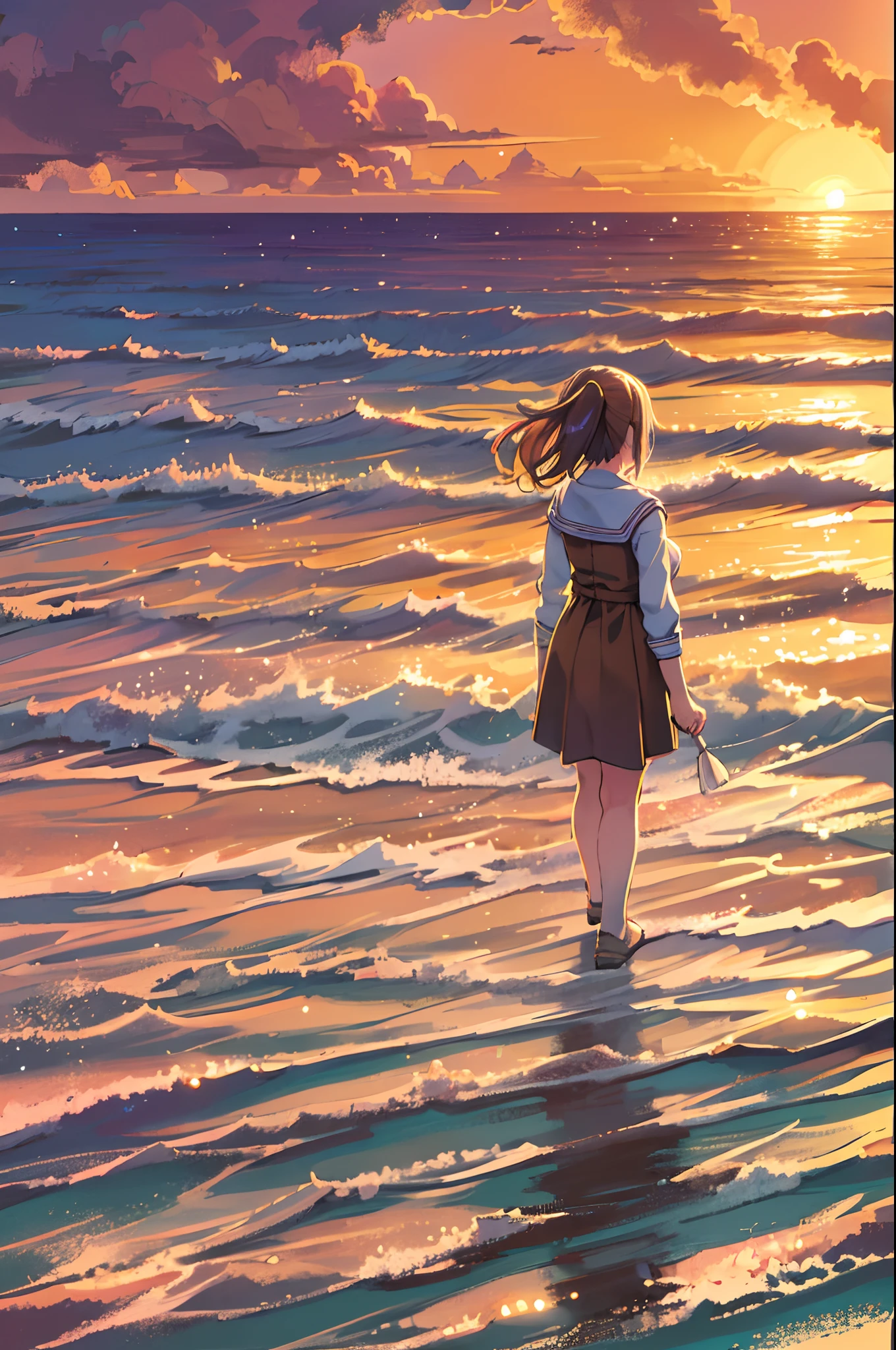 There is a girl standing on the beach looking up at the sky, Girl Standing On The Beach, Girl Walking On The Beach, Lost in Dreamy Wonderland, Standing On sand beach, Awesome digital painting,Sunset、From below、very wide shot