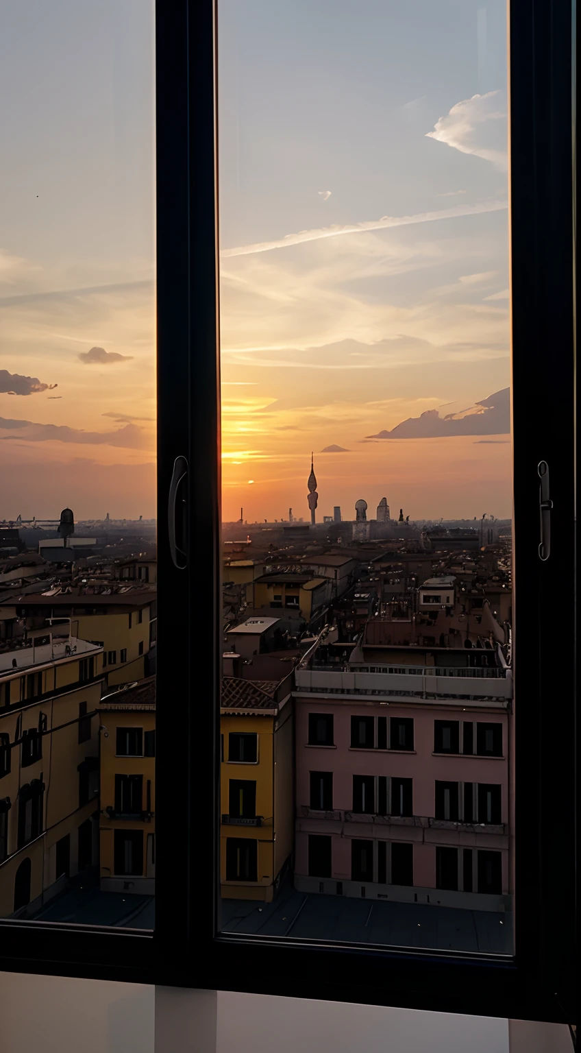 shoted by an iphone 14 pro camera, window view of sunset of the milan, italia, normal photo