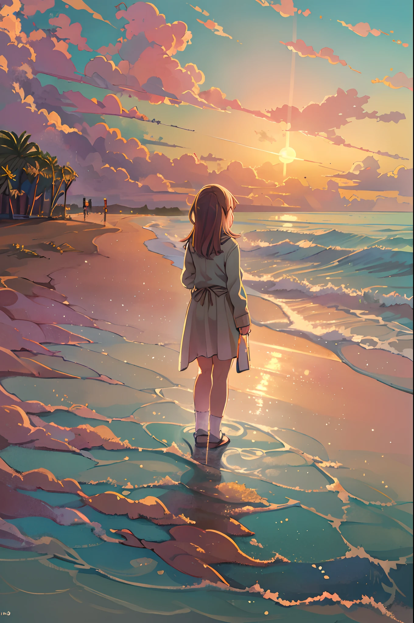 There is a girl standing on the beach looking up at the sky, Girl Standing On The Beach, Girl Walking On The Beach, Lost in Dreamy Wonderland, Standing On sand beach, Awesome digital painting,Sunset、From below、very wide shot