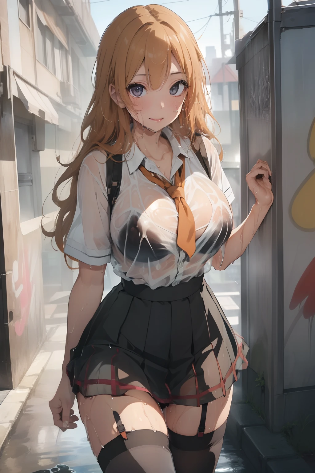 (​masterpiece、top-quality、top-quality、Beautifully Aesthetic:1.2)、ighly detailed、highestdetailed、grey  eyes、orange color hair|Semi-long blonde hair、cleavage of the breast、((School Uniforms))、((Black bra))、Matsumoto Rangiku、graffiti art、Look at the viewer、A smile、Shower room、((whole body Dripping wet))、(Black underwear)、((Clothes are see-through))、(a miniskirt)、(plaid skirts)、((thigh-high socks))