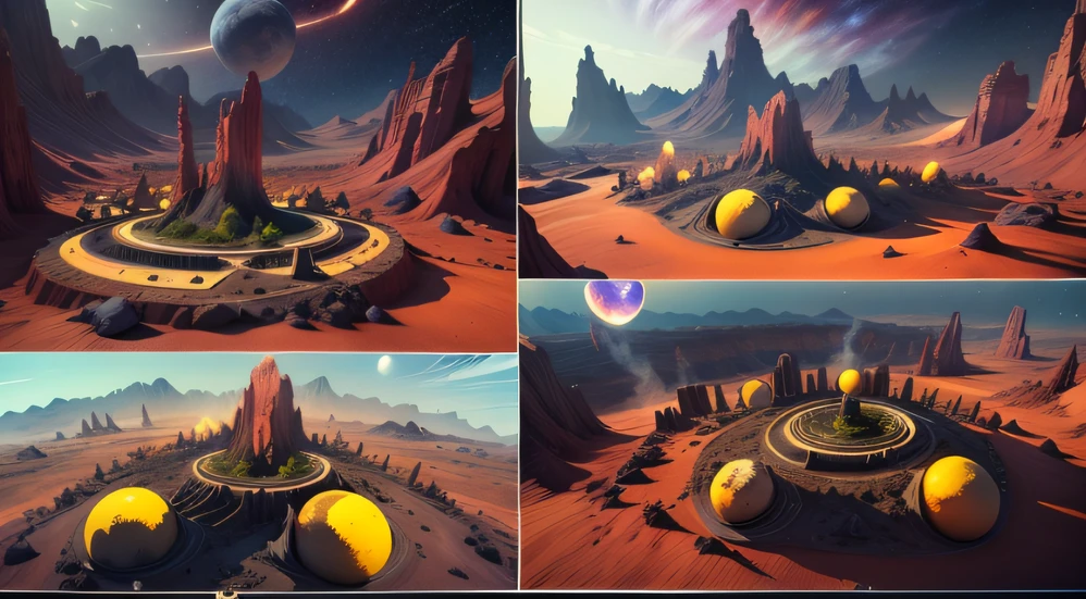 Alien Fall Base (Very detailed) In the mountainous desert,There are several exhaust fans and yellow chimneys, Some neon lights come out of the base to illuminate the dark place, (Extreme nights), Some clouds in the night sky, Some of the surrounding planets provide air to unknown planets,The farthest giant volcano is erupting