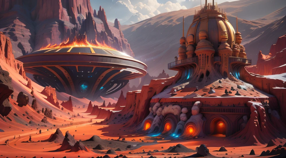 Alien Fall Base (Very detailed) In the mountainous desert,There are several exhaust fans and yellow chimneys, Some neon lights come out of the base to illuminate the dark place, (Extreme nights), Some clouds in the night sky, Some of the surrounding planets provide air to unknown planets,The farthest giant volcano is erupting