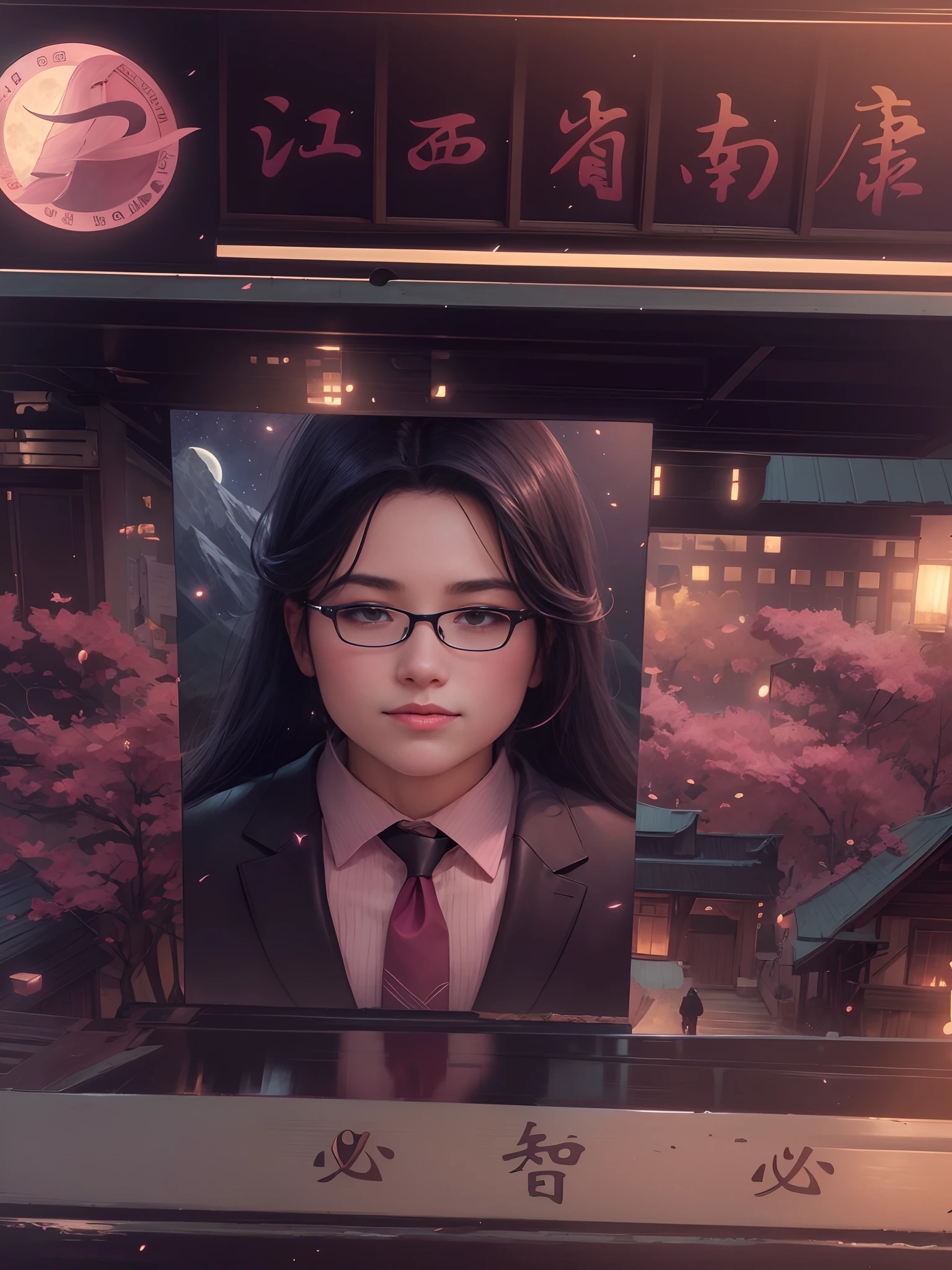 Masterpiece, Best quality, Night, Mountain, full moon, Long black hair, woman, Firefly, stars, Mysterious cherry blossom trees, Pink leaves, High quality, Beautiful graphics, High detail