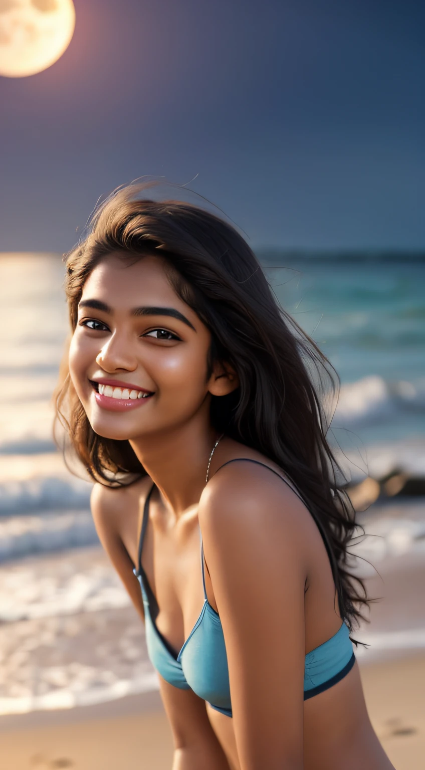 young Indian girl, dark complection, 18-year-old, laughing and happy, ,beach,, moon light, night time realistic skin , ultra hd photo, girl is happy face ,cinimaticc pose , full body picture,pose flawless complexion, top-notch 3D rendering, hyper-realistic, shot on beach,. photorealistic digital art trending on Artstation 8k HD high definition detailed realistic, detailed, skin texture, hyper detailed, realistic skin high resolution, detailed, raw photo, 400 camera f1.6 lens rich colors hyper realistic lifelike texture, specs