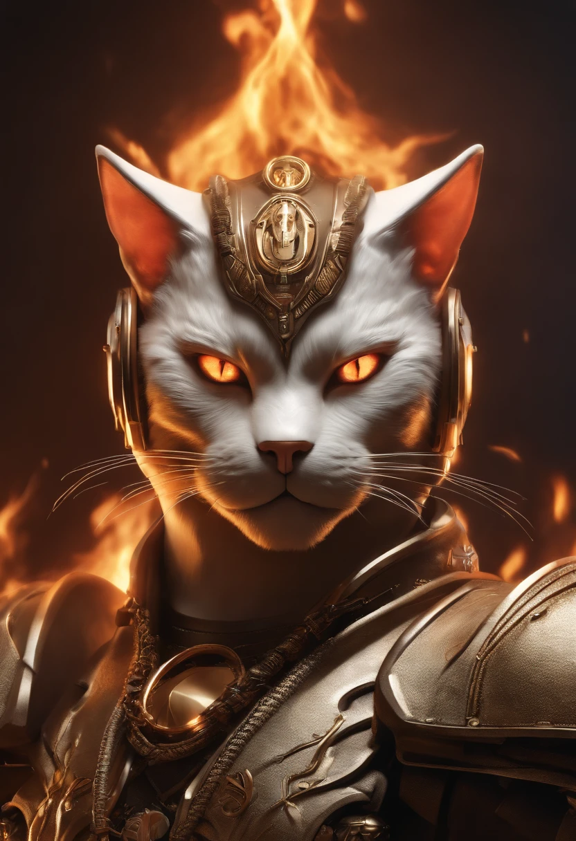 angry cat god, closeup, anthropomorphic steampunk, strong, muscular, cyberpunk cybernetic armor, Artstation illustrators, intricate details, face, full body portrait, illustration, UHD, 4K hyper realistic, enigmatic, highly detailed, sharp focus, professional, 8k UHD , cinematic, wild, violent, dramatic, vivid, nervous vibration, render, epic, HDR, album cover, fire, lightning