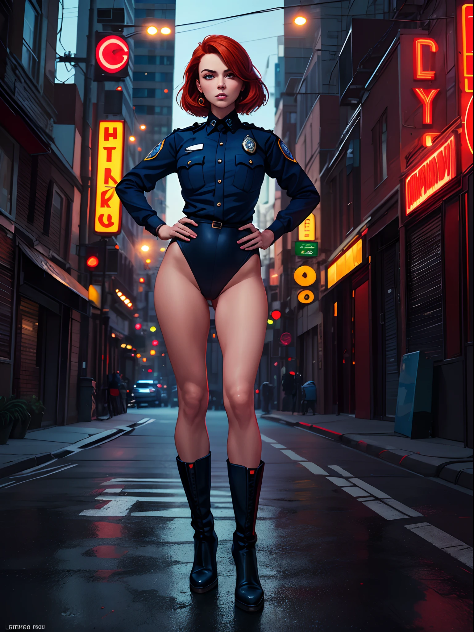 ((best quality)), ((masterpiece)), ((ultra realistic)), french redhead, beautiful detailed face, detailed eyes, sexy police woman, dressed in a blue and red leotard, city backdrop, neon edge lighting, highly detailed, professional, bare legs, full body, hands on hip, solo, matching boots, medium hair, police cruisers, perfect hands, Los Angeles