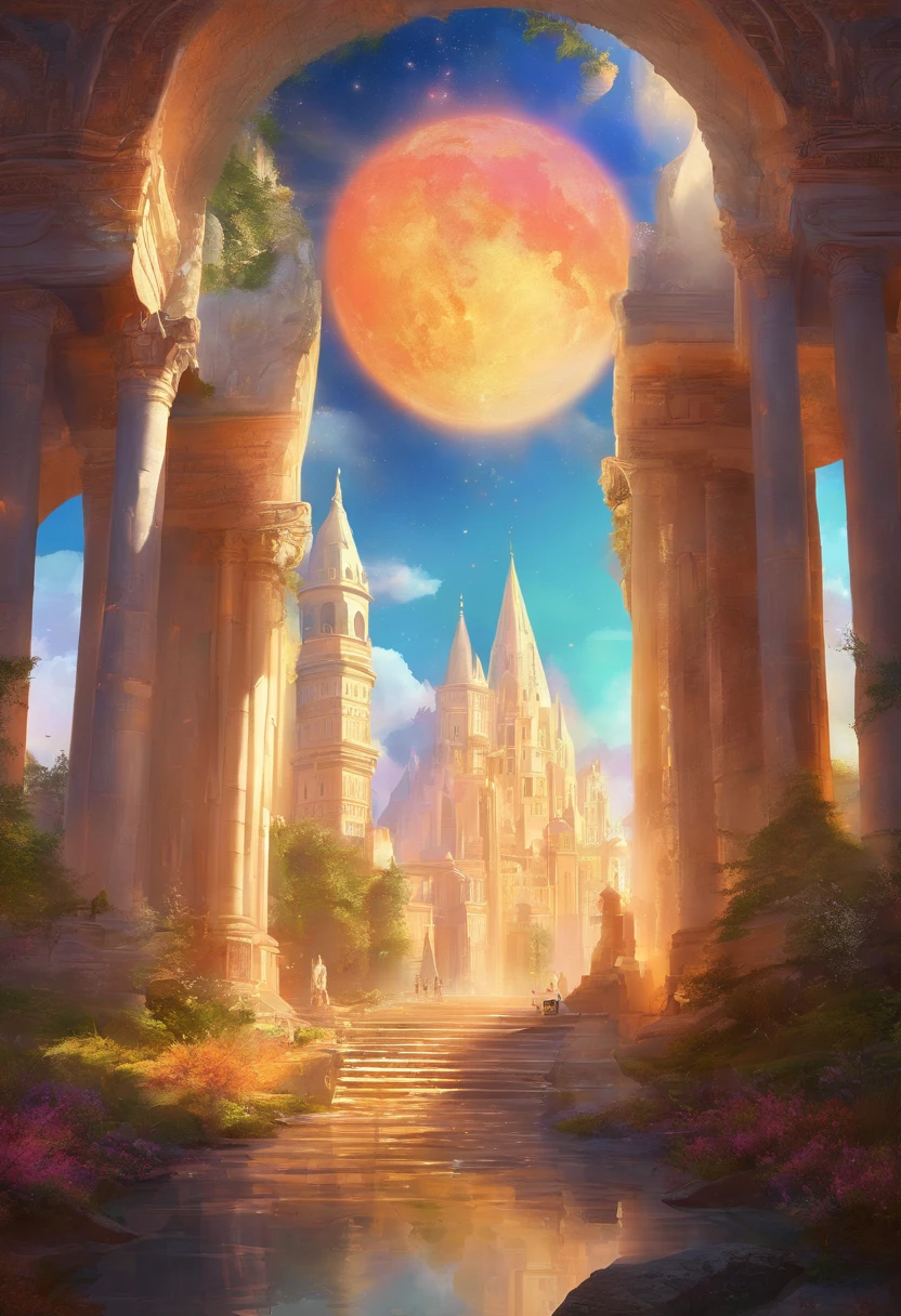 estilo roma, cidade rica, cidade medieval, cidade grande, cores brilhantes, edificios prosperos, edificios brancos e dourados, grande arvore no horizonte, superficies reflexivas, 8k, global ilumination, raios divinosd, mundo dos sonhos