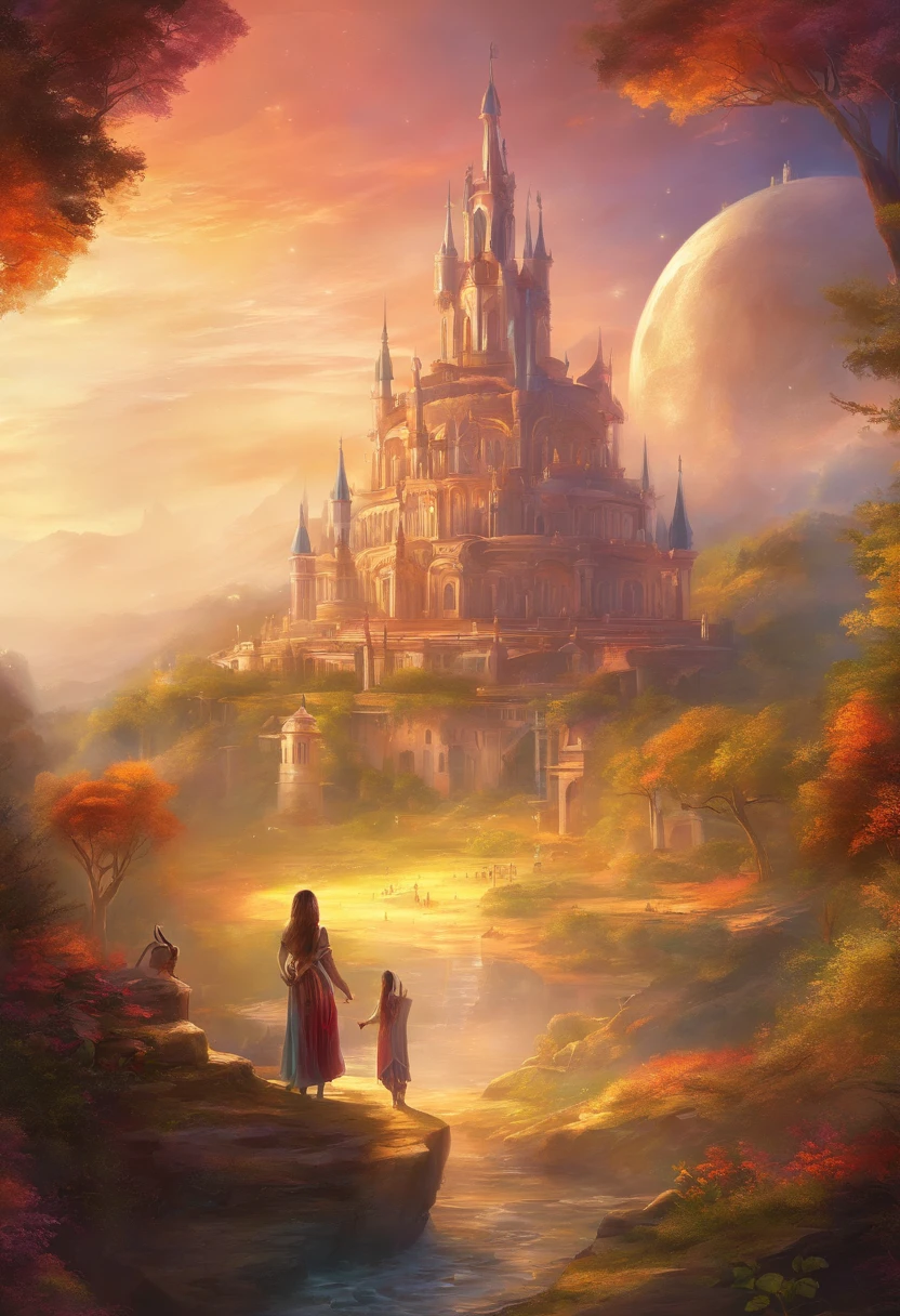 estilo roma, cidade rica, cidade medieval, cidade grande, cores brilhantes, edificios prosperos, edificios brancos e dourados, grande arvore no horizonte, superficies reflexivas, 8k, global ilumination, raios divinosd, mundo dos sonhos
