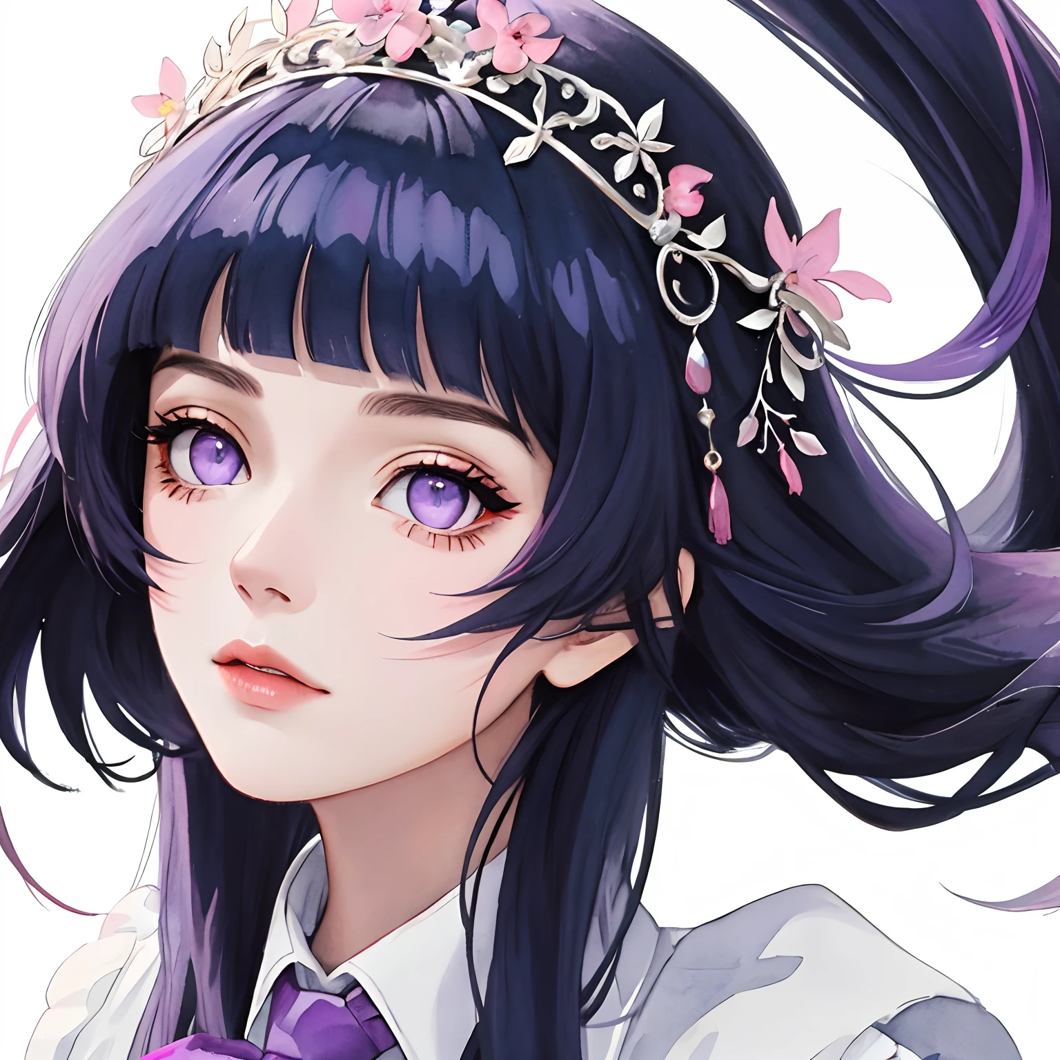 Need,[(White background:1.4)::5],(masterpiece),(best quality:1.1),(ultra-detailed),best illustration,finely detail,(portrait:1.1),( intense close-up),beautiful face,(watercolor drawings),1girl,solo,A girl with dark blue hair,Tie hai,Sweet cool,cheongsam clothing,black and pink,（Colored lens sunglasses），bamboo,looking at the audience,whole colored background,very elegant,opulent, detail,clear,4K, Blunt Bangs, purple eyes
