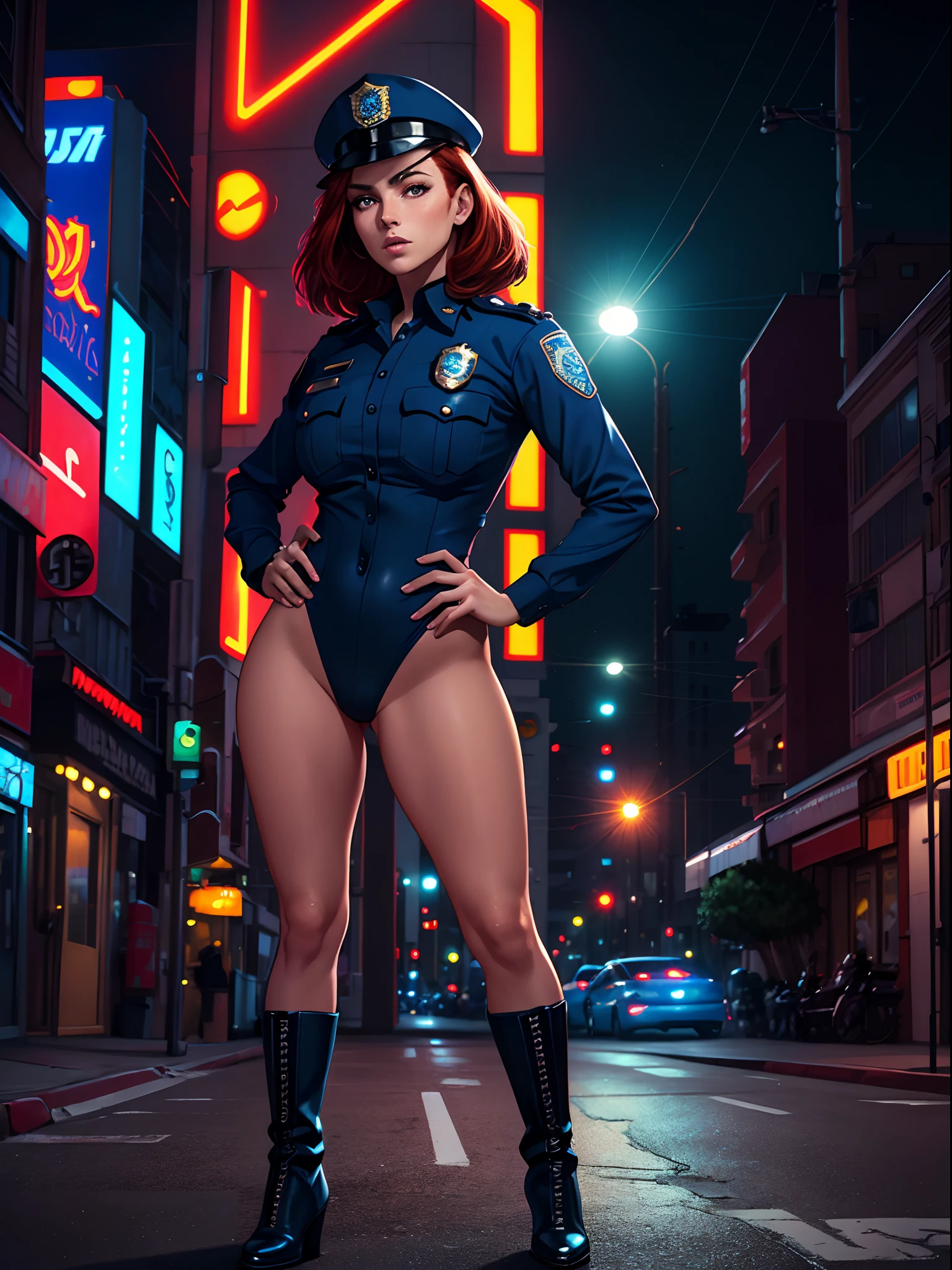 ((best quality)), ((masterpiece)), ((ultra realistic)), french redhead, beautiful detailed face, detailed eyes, sexy police woman, dressed in a blue and red leotard, city backdrop, neon edge lighting, highly detailed, professional, bare legs, full body, hands on hip, solo, matching boots, medium hair, police cruisers, perfect hands, Los Angeles