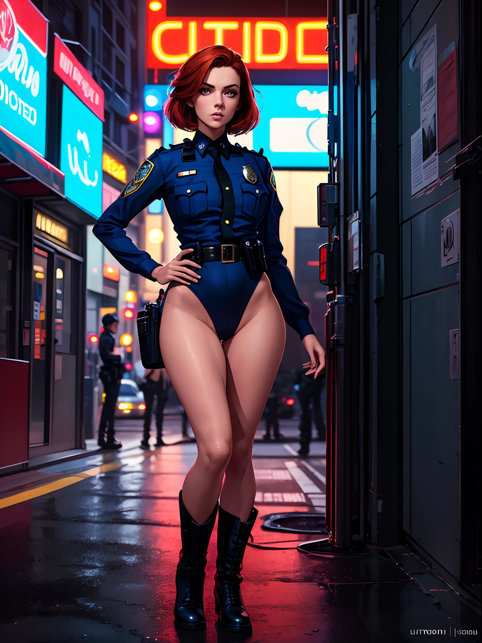 ((best quality)), ((masterpiece)), ((ultra realistic)), french redhead, beautiful detailed face, detailed eyes, sexy police woman, dressed in a blue and red leotard, city backdrop, neon edge lighting, highly detailed, professional, bare legs, full body, hands on hip, solo, matching boots, medium hair, police cruisers, perfect hands, Los Angeles