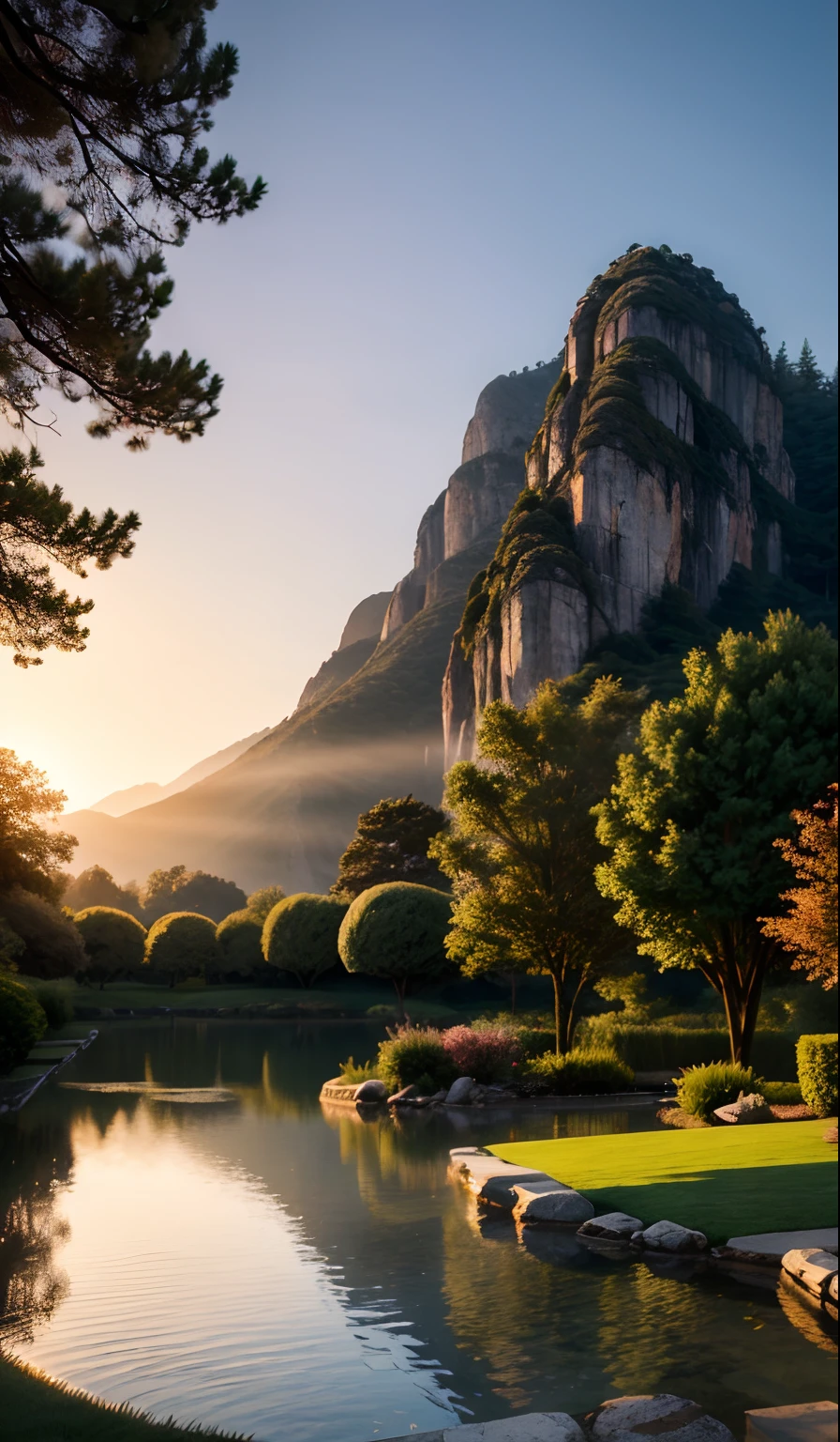 best quality,ultra-detailed,realistic,natural color palette,soft lighting,serene atmosphere,peaceful,soothing,silhouette of trees,gentle breeze,tranquil,serenity,fading light,serene view,serene landscape,soft hues,warm tones,harmony of colors,subtle shadows,sublime,graceful,serene beauty,harmonious composition,blissful,serene sunset,landscaped garden,tranquil ponds,majestic mountains,captivating vista,incredible beauty,rays of sunlight,serene horizon,fading warmth