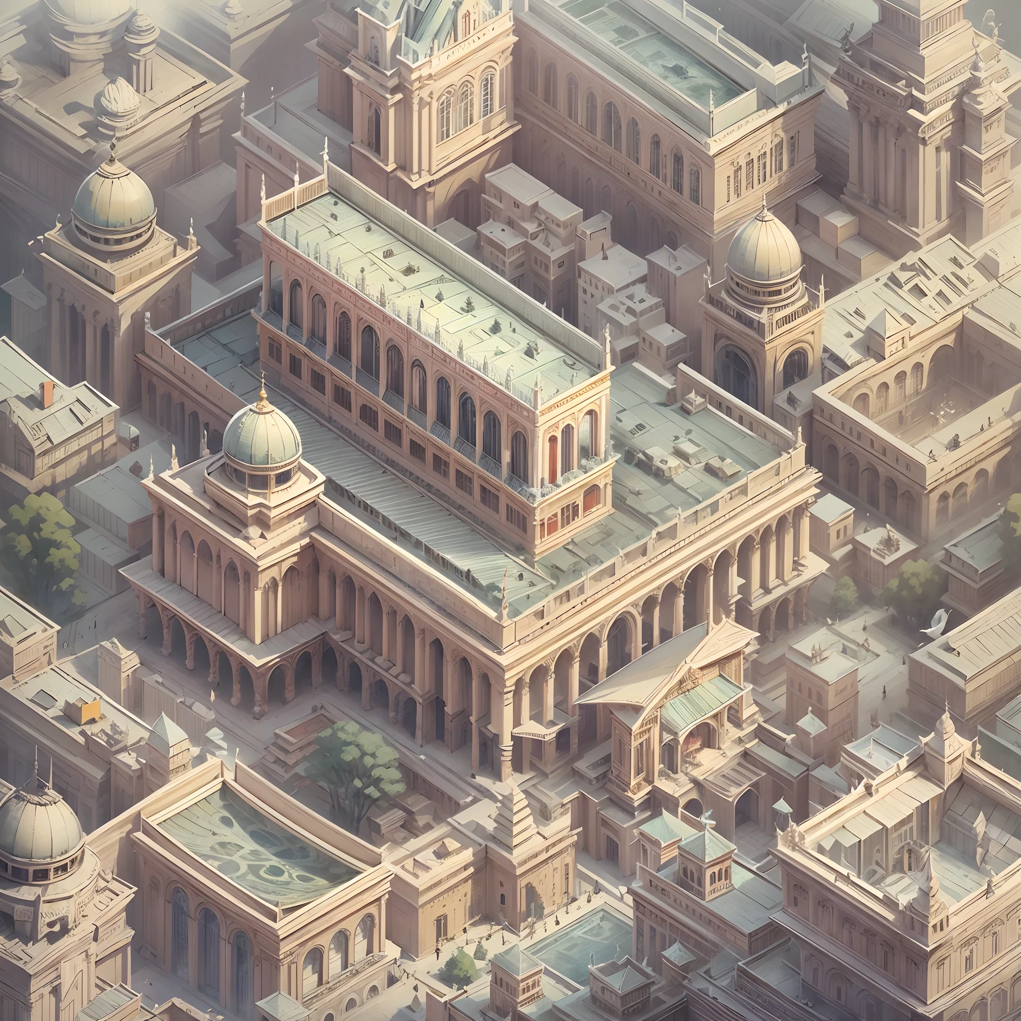 (Isometric animation,cold shades,white backgrounid,Caustics),((Large-scale palace complex)),(bird's eyes view),Graphic illustration style,Sewing paper style,The is very detailed,cold shades、
