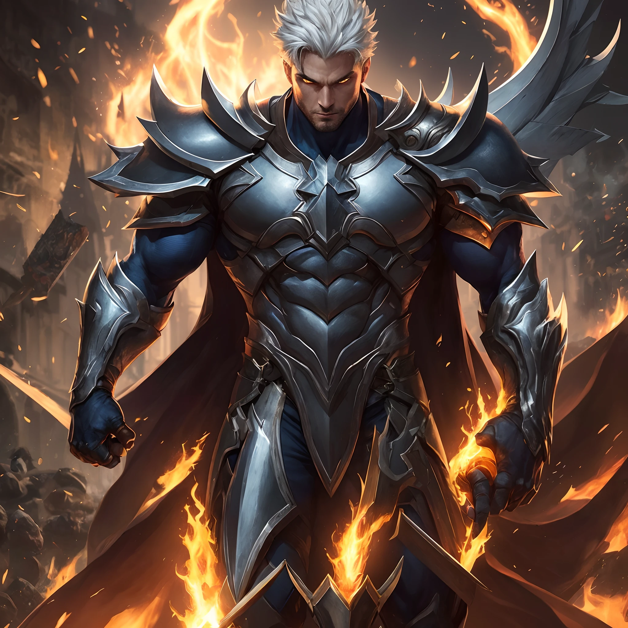 Anjo de fogo, homem, CHAMPION OF JUSTICE, radiante personagem de rpg, enorme, forte, usando armadura de placas pesada e uma espada longa, longos cabelos escuros, ultrarrealista