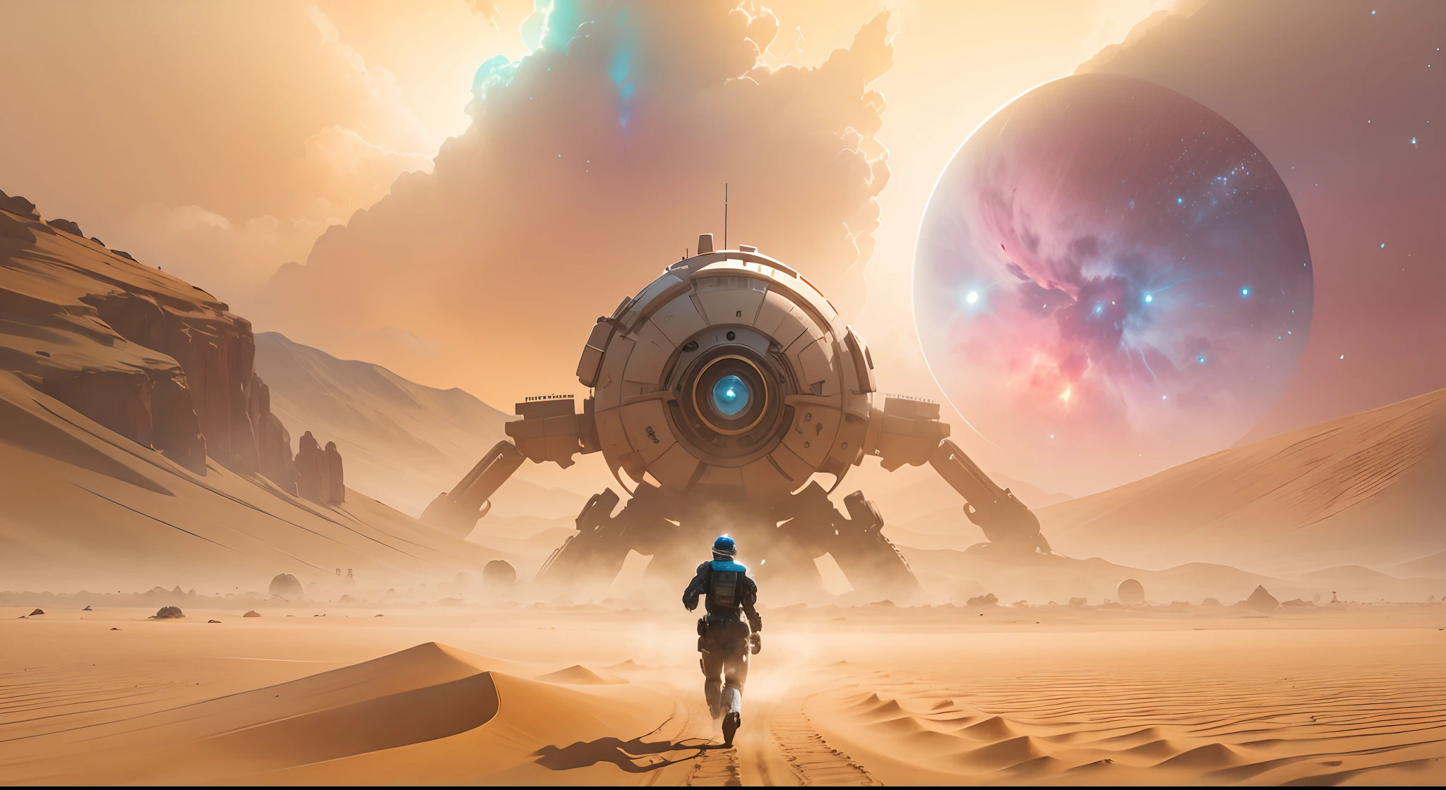 nebula sky, endless desert with a man running towards into a robot