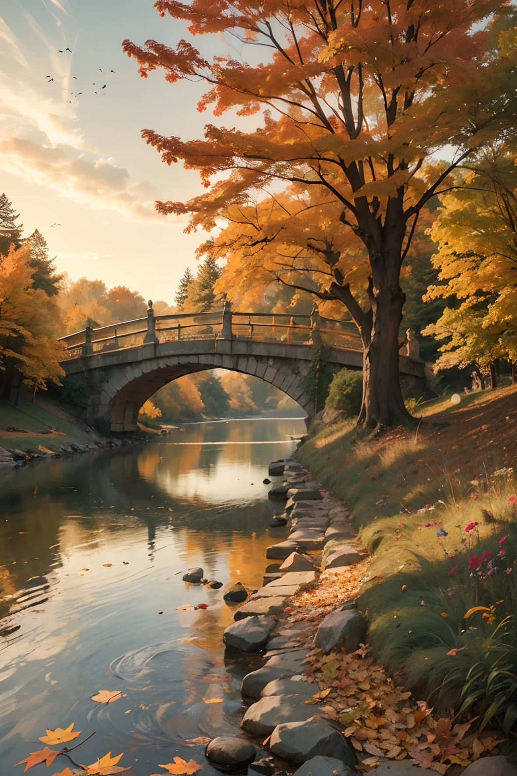 Create captivating autumn depictions, autumnal,eventide,riverbank,Scenic beauty,A place where nature and technology live in harmony,Let this artwork transport the viewer to another world, Old and new intertwined,Form a charming tapestry of nostalgia and innovation.