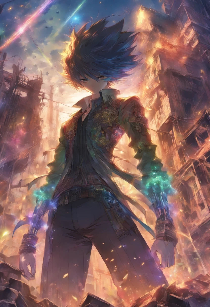 /Imagine Prompt: Slender young man standing in ruins, Steampunk attire、Looks calm and calm, Surrounded by rubble and broken buildings, Exudes a sense of devastation,Thickly wooded ,32K, Best Quality, masutepiece, Super Detail, high details, by makoto shinkai ,In the style of star art group Xing, ●Rainbow No. 5"