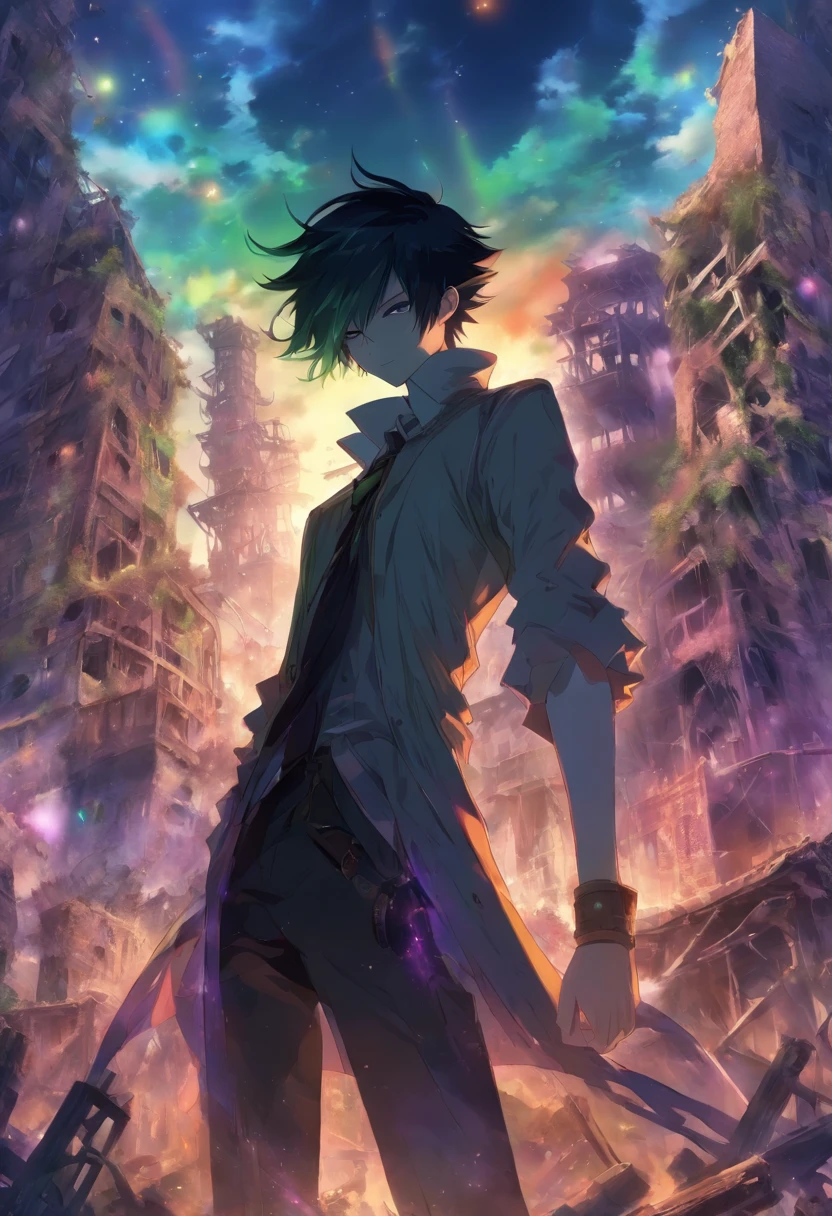 /Imagine Prompt: Slender young man standing in ruins, Steampunk attire、Looks calm and calm, Surrounded by rubble and broken buildings, Exudes a sense of devastation,Thickly wooded ,32K, Best Quality, masutepiece, Super Detail, high details, by makoto shinkai ,In the style of star art group Xing, ●Rainbow No. 5"