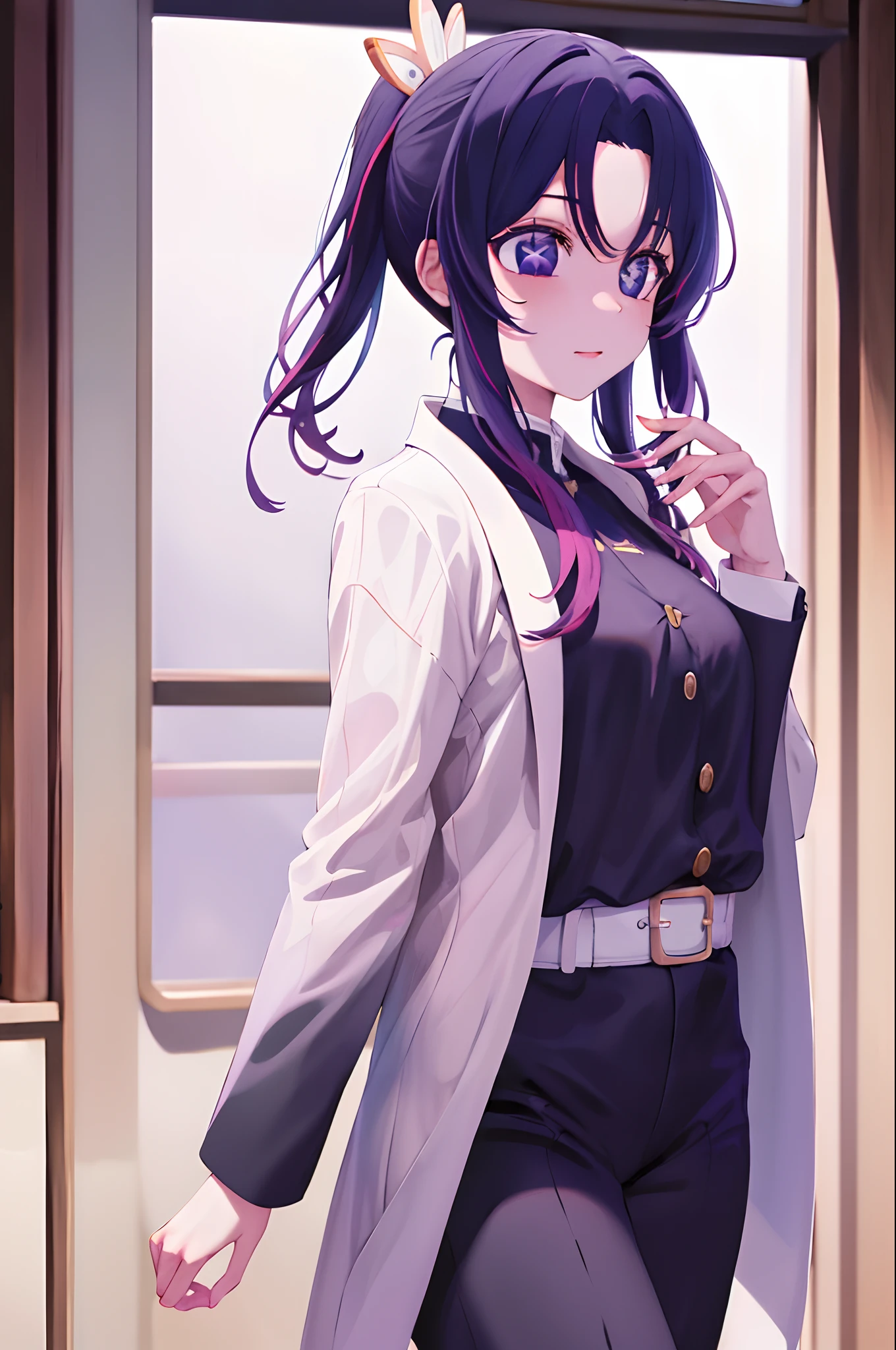 parted bangs, black pants, black jacket, long sleeves, belt, cowboy shot, Hoshino Ai, long hair, purple hair, streaked hair ,purple eyes, star-shaped pupils, hair ornament