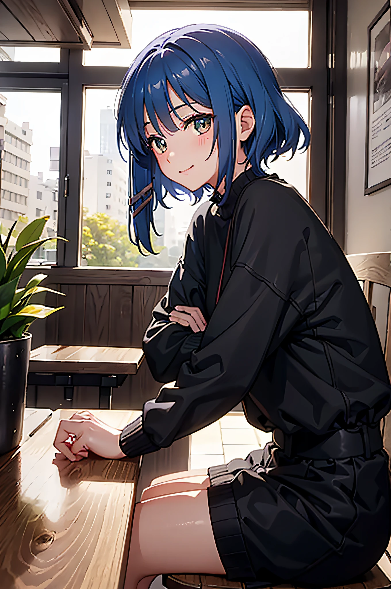 girl, shy, smiling, blushing, looking directly at the viewer, with a cute face and adorable eyes, sitting in front of viewer, sitting in a cozy cafe. The background is filled with the warm ambiance of a cafe, with soft lighting and a simple decor. The girl is leaning slightly over the table, adding an intimate feel to the scene. The overall image quality is of the highest standard, with a resolution of 8k and flawless attention to detail. The colors are vibrant and vivid, enhancing the overall aesthetic of the artwork. The lighting is carefully crafted to highlight the girl's features and create a visually pleasing atmosphere.