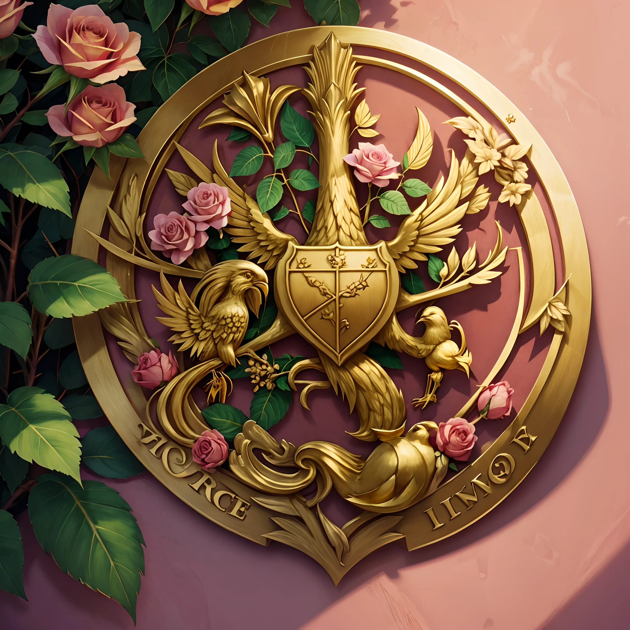 coat of arms, golden, pink, rose plant, flower, symbol, vegetation, coat of arms, peace, union, bird, coat of arms, thorn