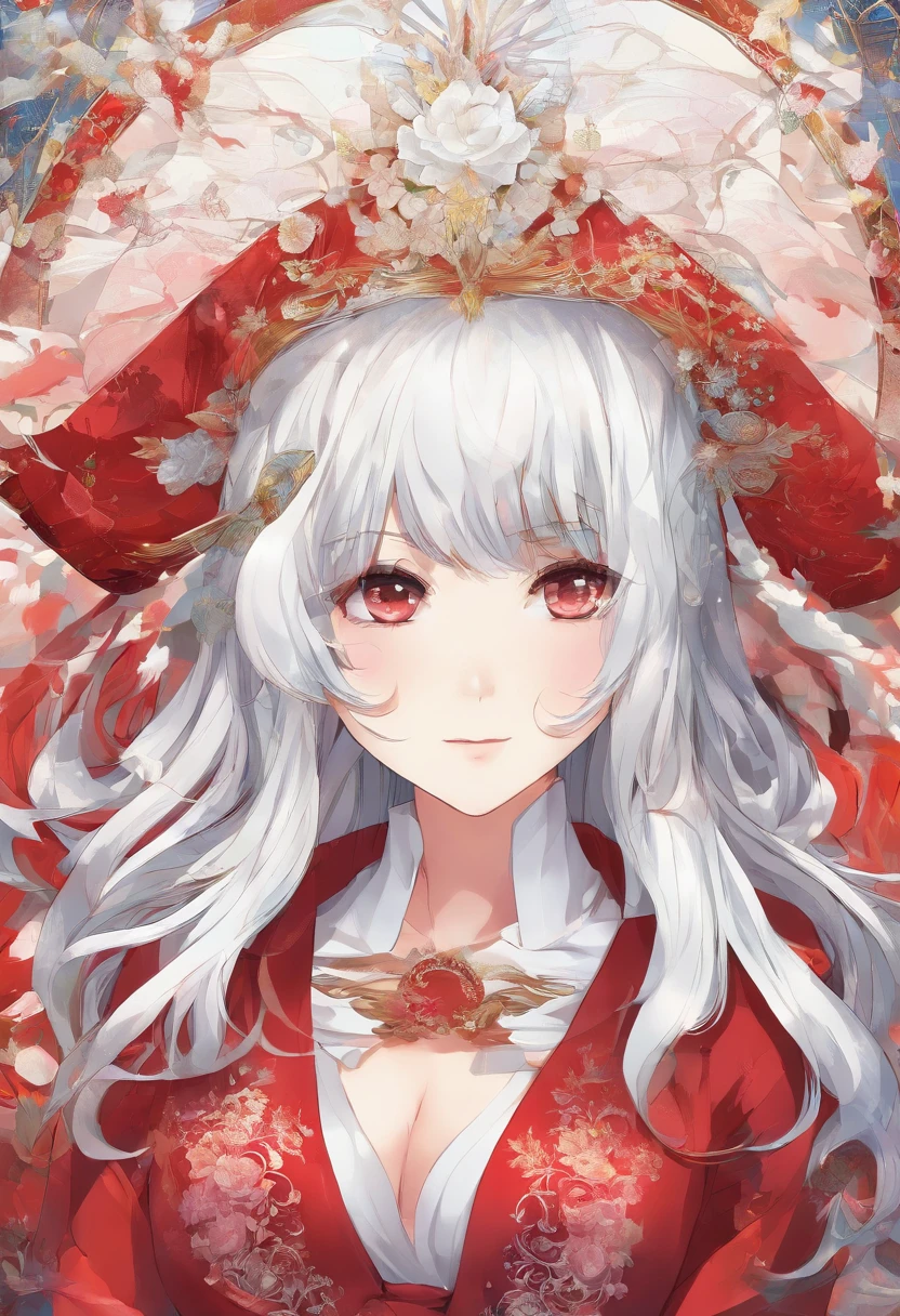 Lori huge breasts cleavage,white color hair,red color eyes,White JK,Magic hat