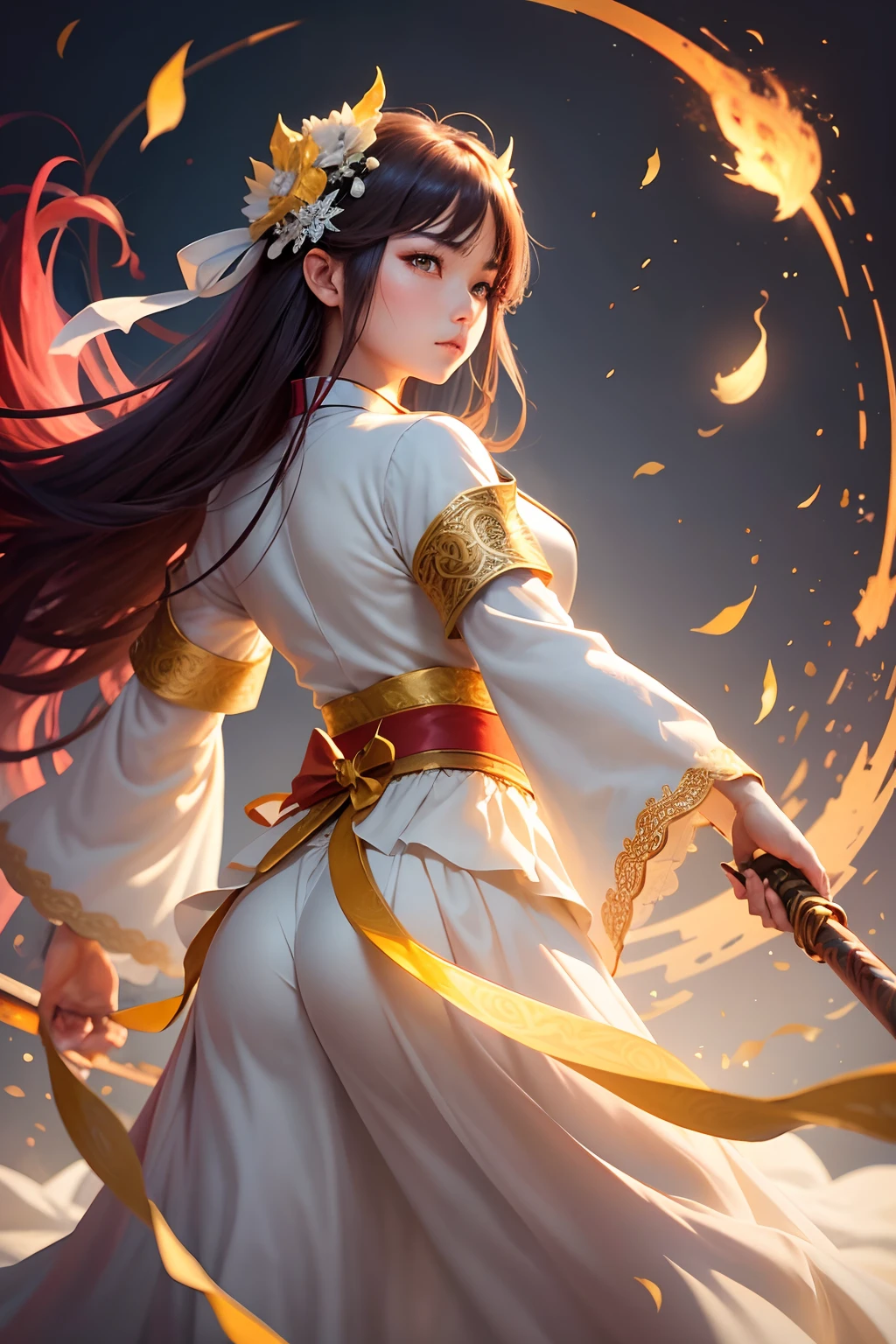 I want a cover of a martial arts novel,It is written in the middle of the picture:《Heaven's Dao is in the heart》,The content is thought to be a woman with long flowing hair,Crimson-gold eyes,The left hand carries a spear,Holding a sword in his right hand,Dressed in a white and yellow wide-sleeved flowing fairy dress。